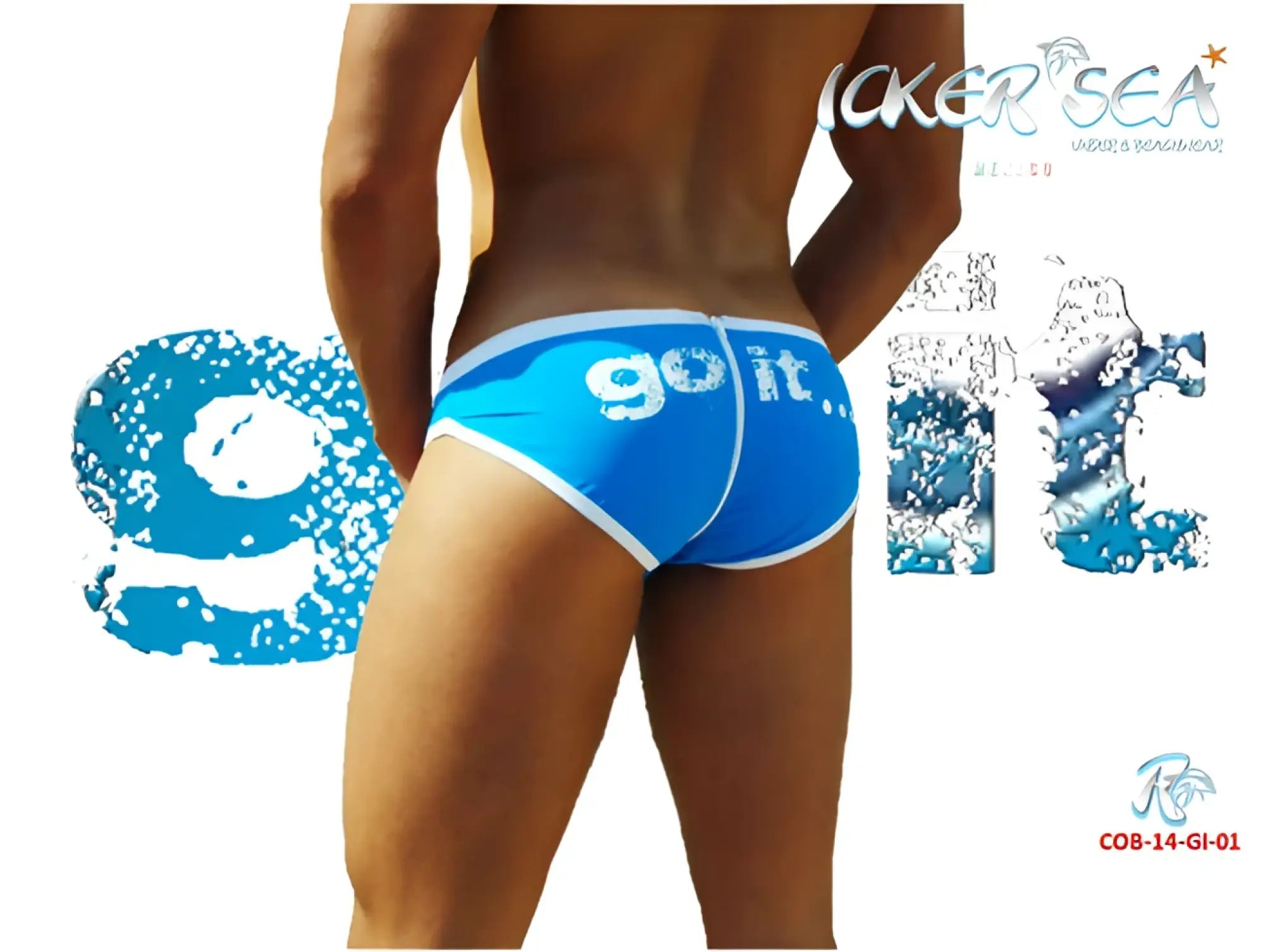 Blue icker sea zipper back pas slip bikini swimwear with white trim and go it printed on back side