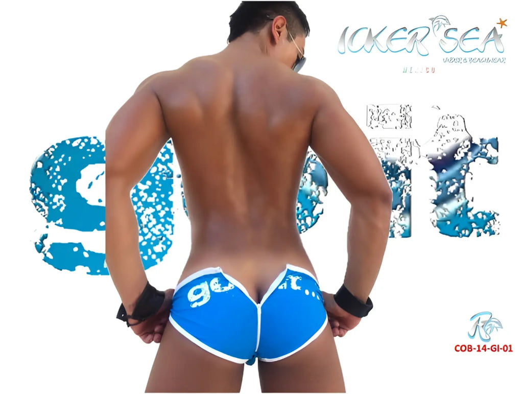 Blue icker sea zipper back pas slip bikini swimwear showing the back with white trim and playful ge graphic