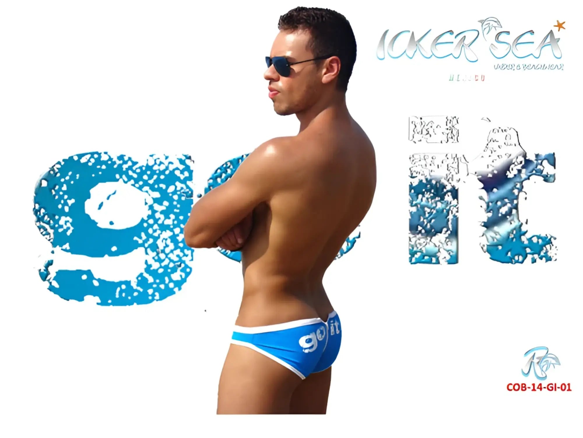 Blue and white swim trunks with go fit print on front part of icker sea zipper back pas slip bikini swimwear blue cob-14-gi01