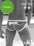 Green icker sea zipper back pas slip bikini swimwear with white trim and go it printed on front in green cob-13-21