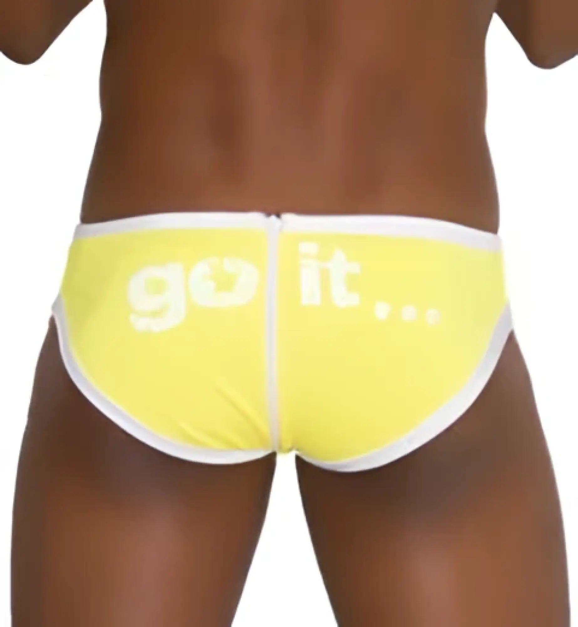 Bright yellow icker sea zipper back pas slip bikini swimwear briefs with white trim and go it printed in bold letters