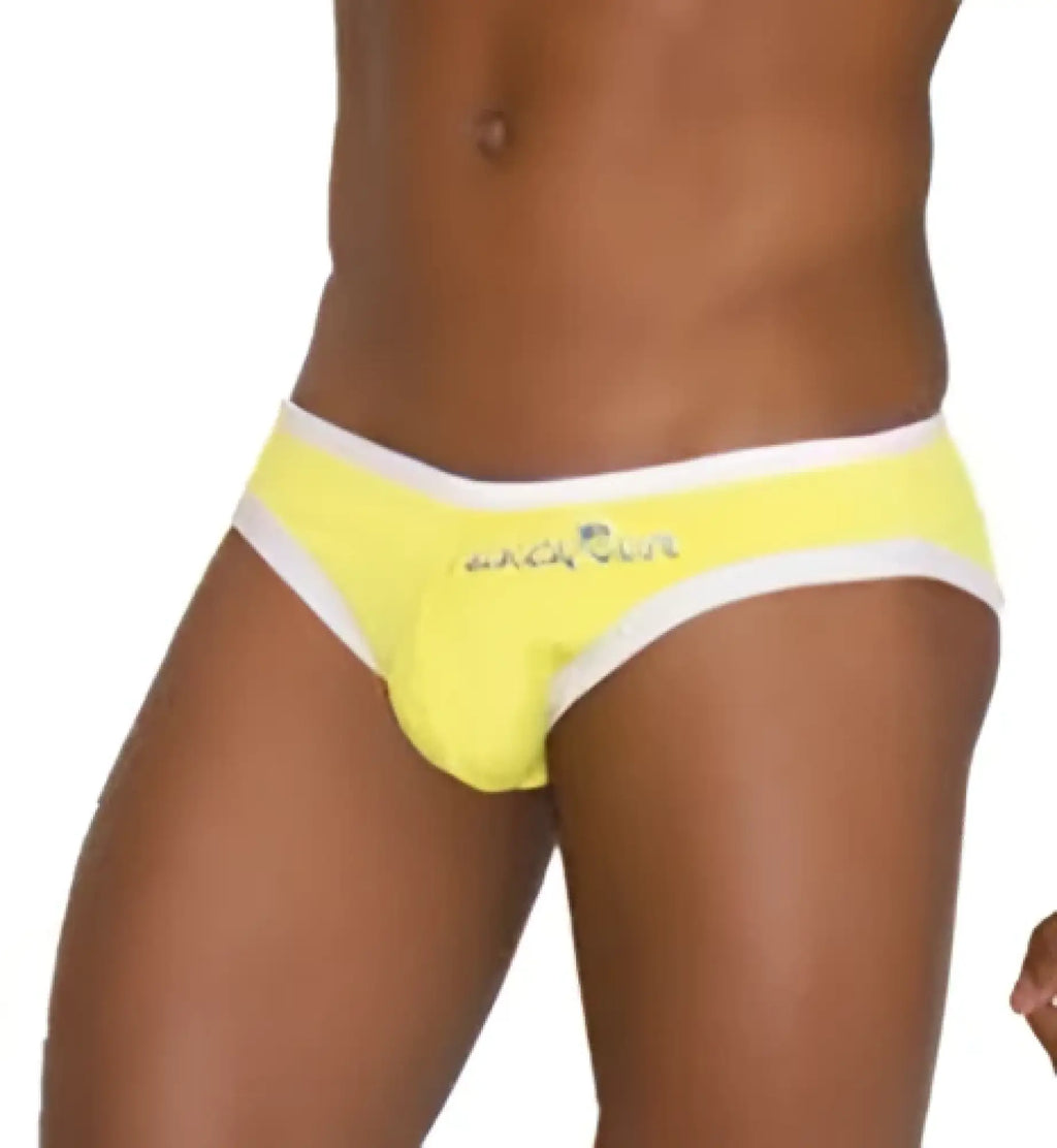 Bright yellow men’s briefs with white trim and subtle logo on waistband from icker sea zipper back PAS slip bikini swimwear mango COB-13-16