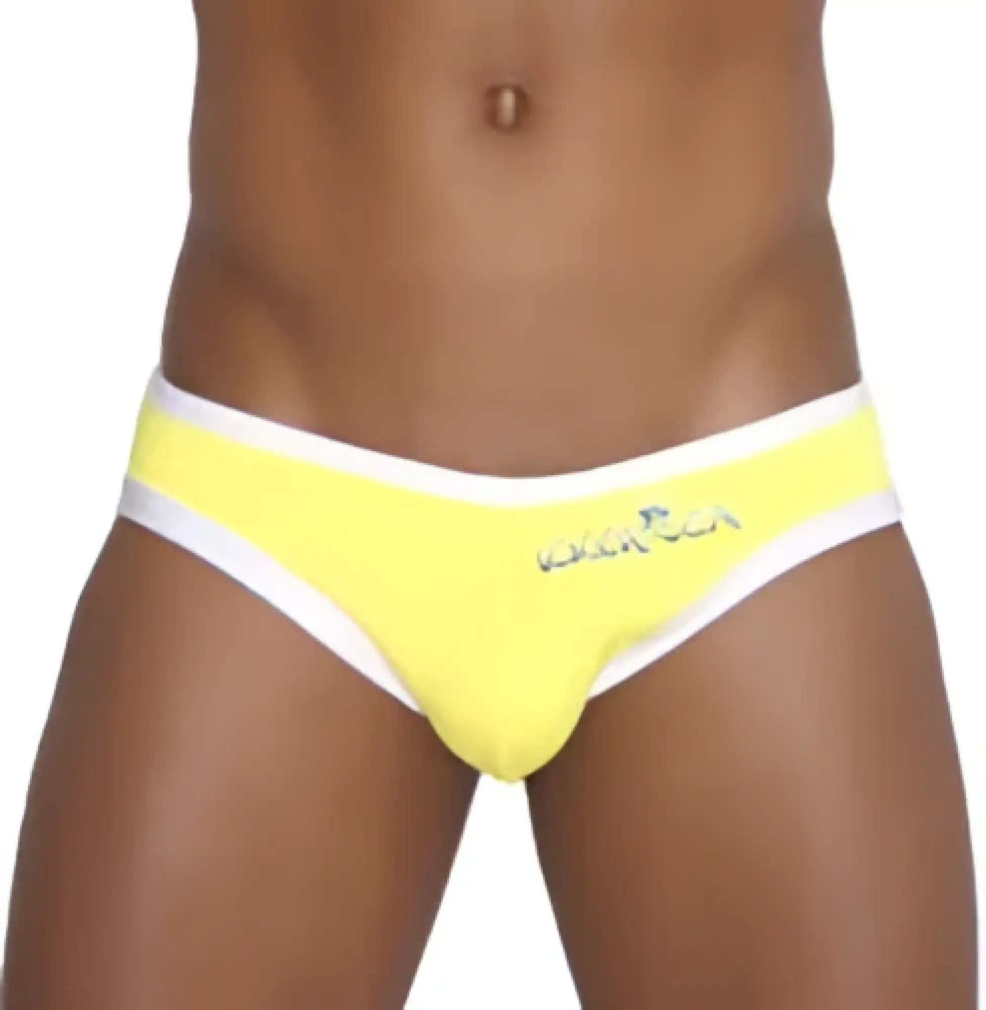 Bright yellow men’s briefs with white trim and subtle logo front from icker sea zipper back pas slip bikini swimwear mango cob-13-16