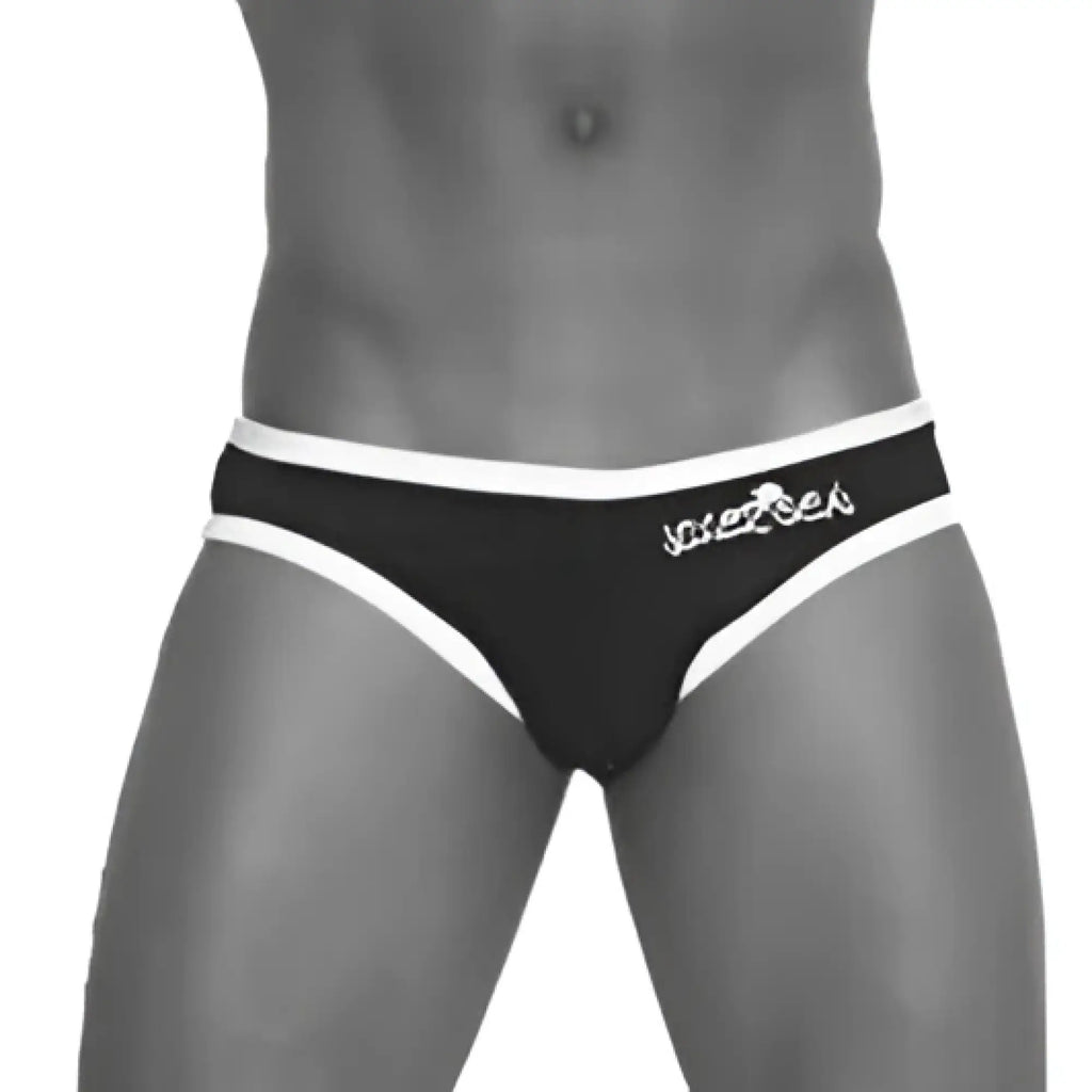 Black and white striped briefs with logo waistband showing the back side from icker sea zipper back pink bikini swimwear