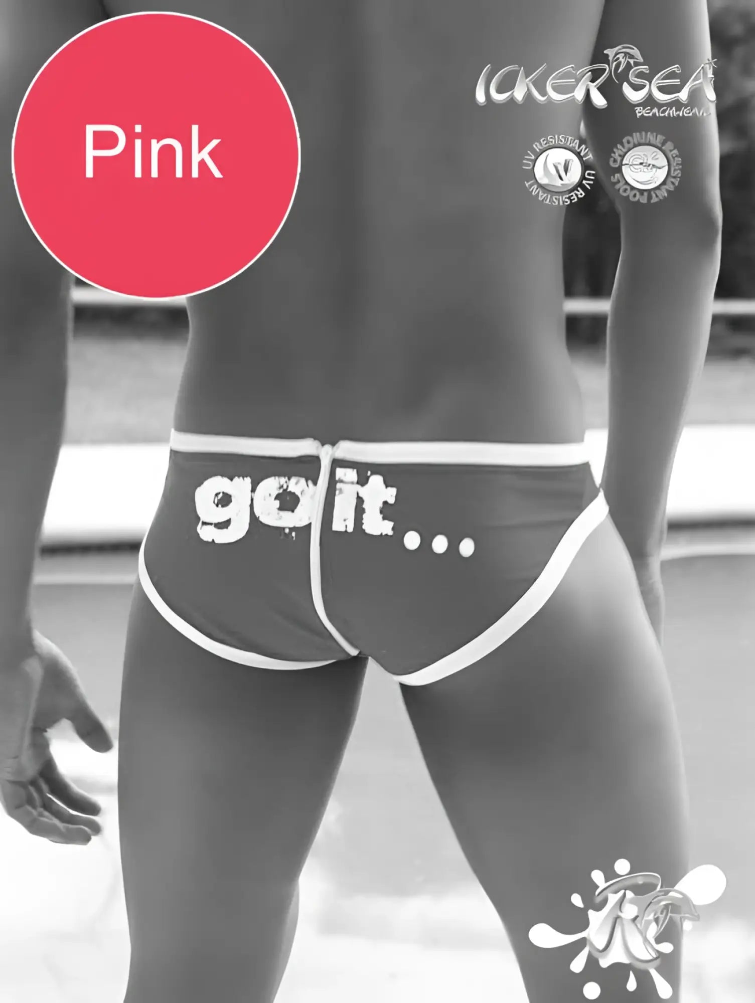 Pink icker sea zipper back pas slip bikini swimwear featuring pink swim trunks with white trim and go it print