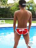 Red icker sea zipper back PAS slip bikini swimwear with white trim and go it text on the back in red color