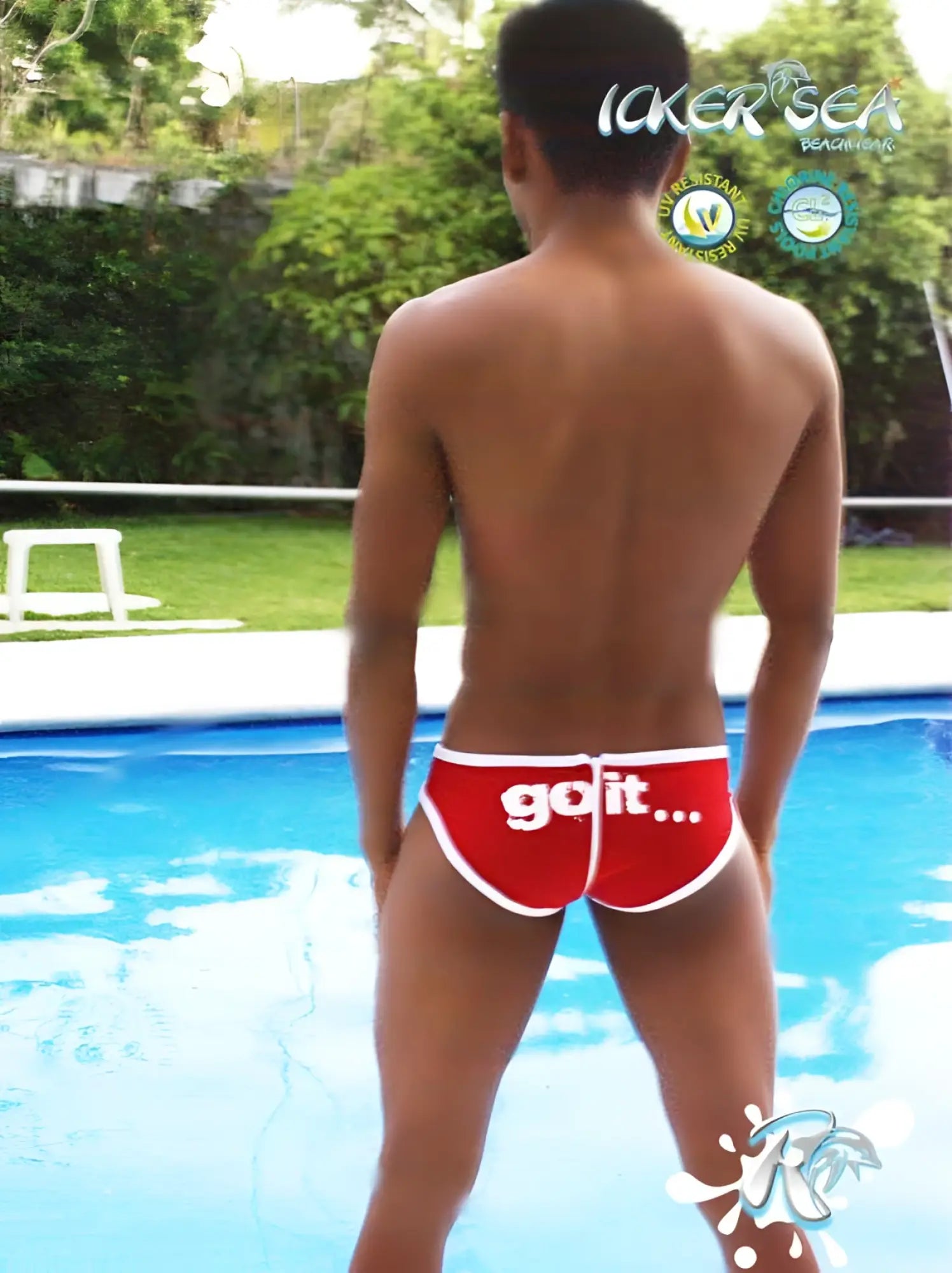 Red icker sea zipper back PAS slip bikini swimwear with white trim and go it text on the back in red color