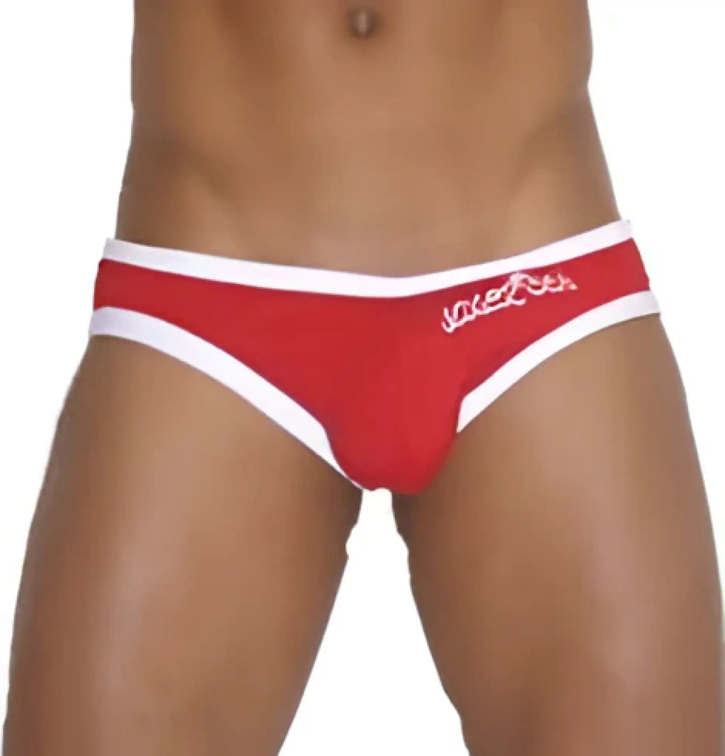 Red and white icker sea zipper back pas slip bikini swimwear briefs with subtle logo on the waistband back view