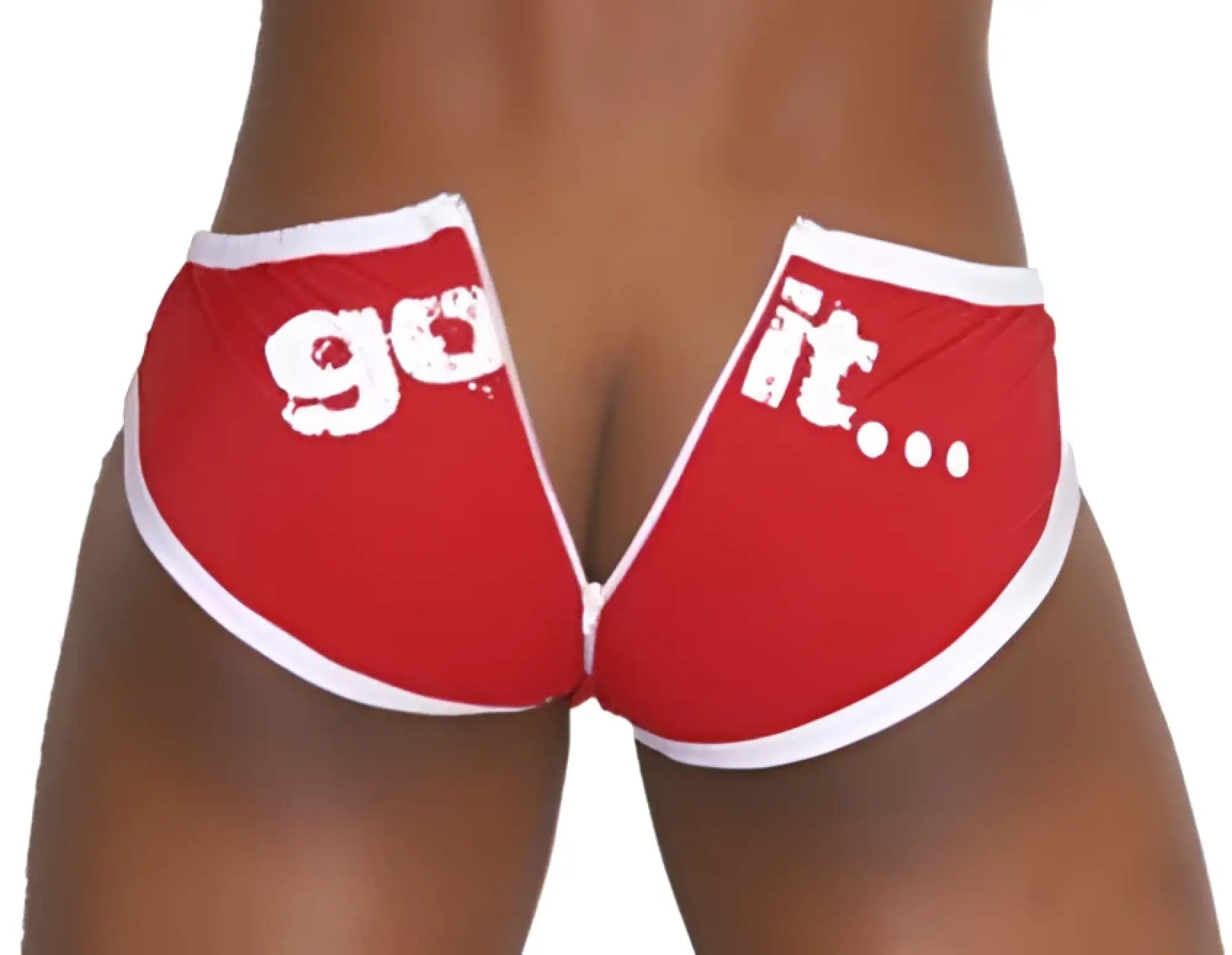 Red and white icker sea zipper back pas slip bikini swimwear briefs with go it slogan shown from the back side