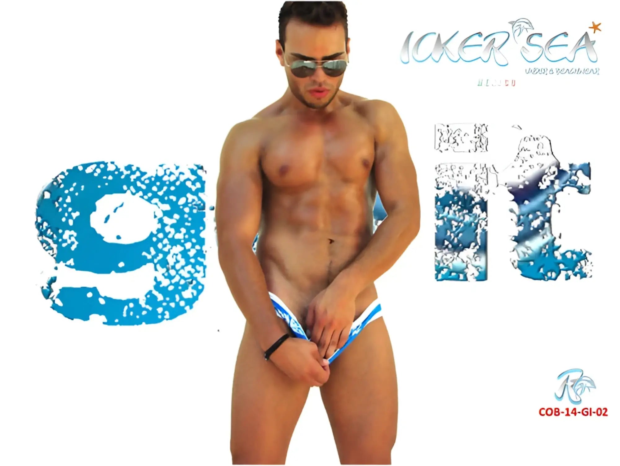 Icker Sea zipper front ACT slip bikini swimwear in blue with white patterned modern swim trunks design