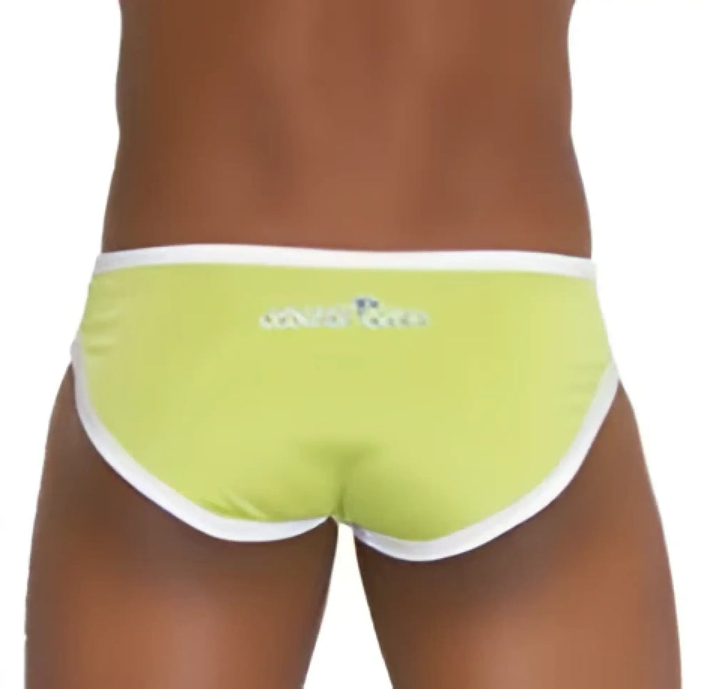 Icker sea zipper front act slip bikini swimwear green lime briefs with white trim and embroidered waistband logo