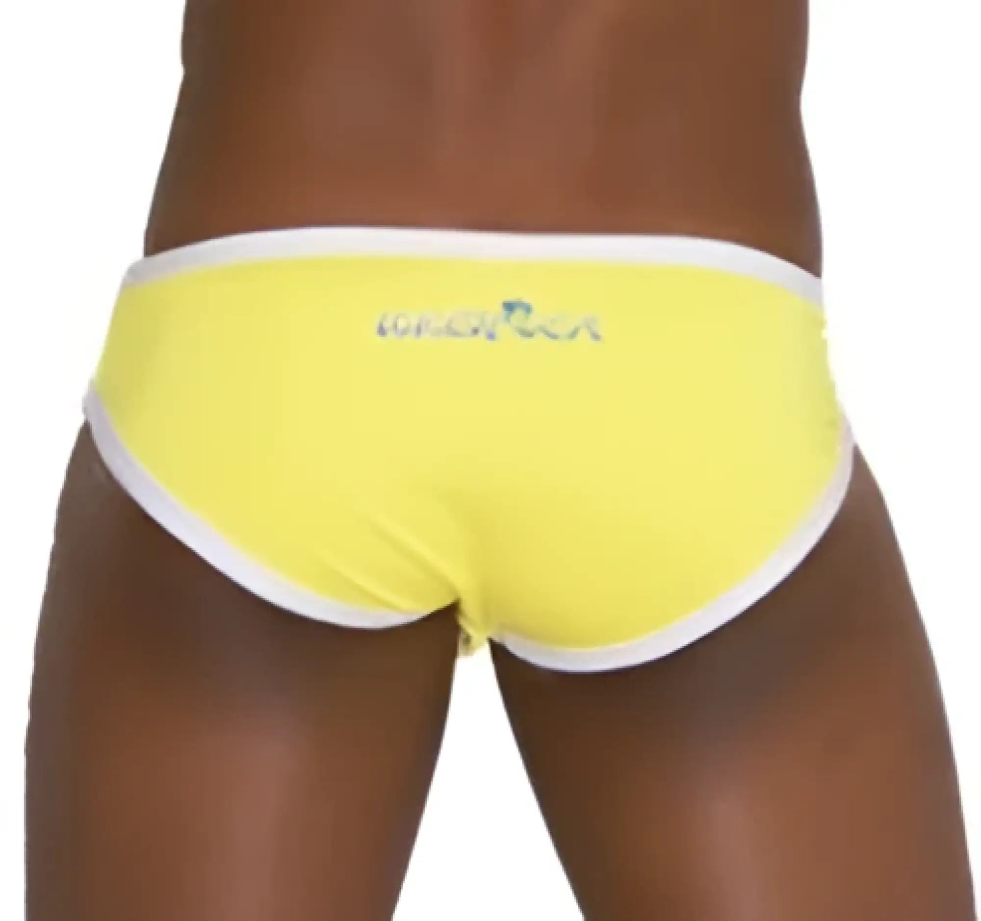 Bright yellow Icker Sea zipper front ACT slip bikini swimwear with white trim and logo on waistband mango COB-13-17