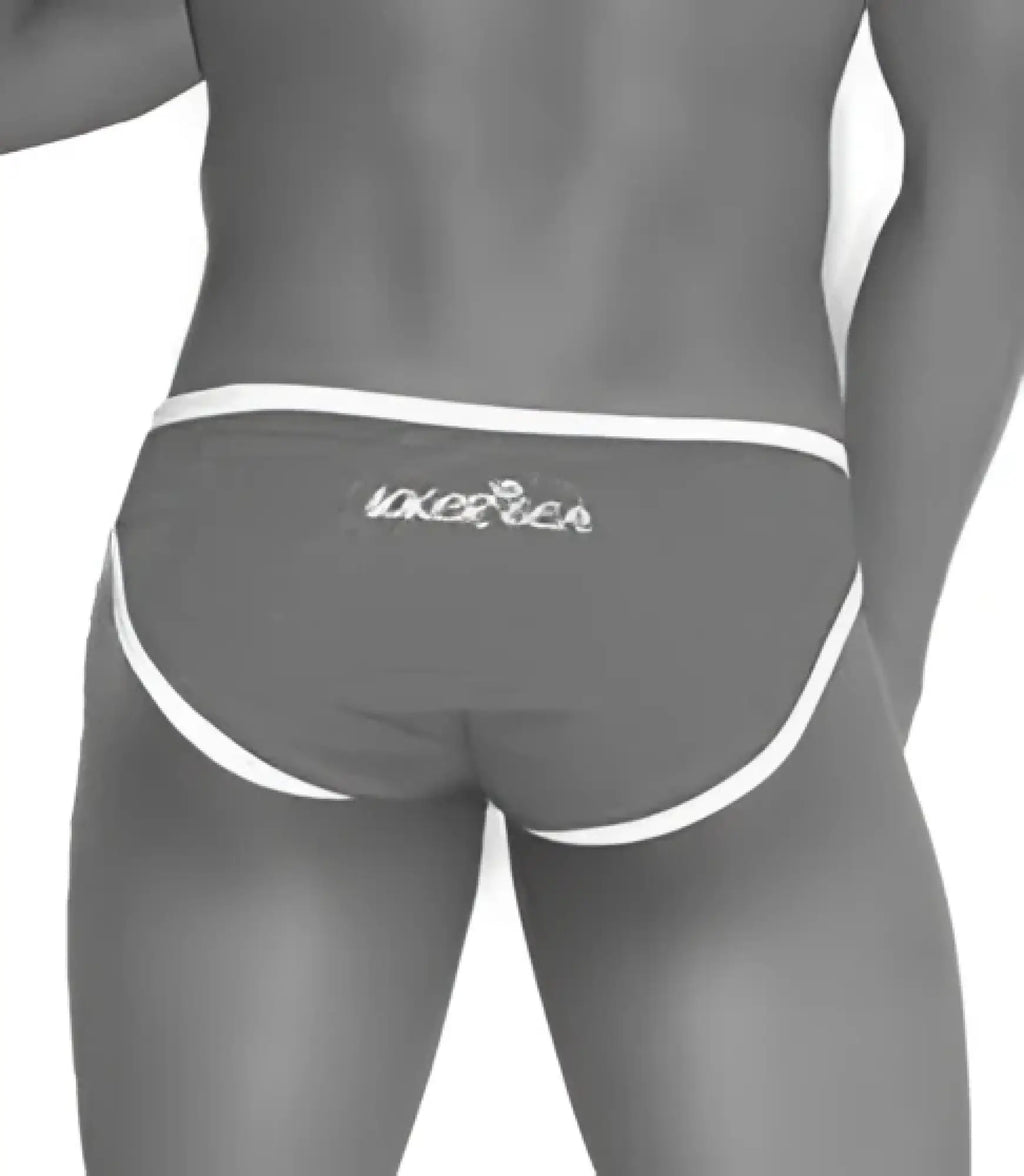 Gray briefs with white trim and subtle logo on waistband for icker sea zipper front act slip bikini swimwear pink cob-13-22