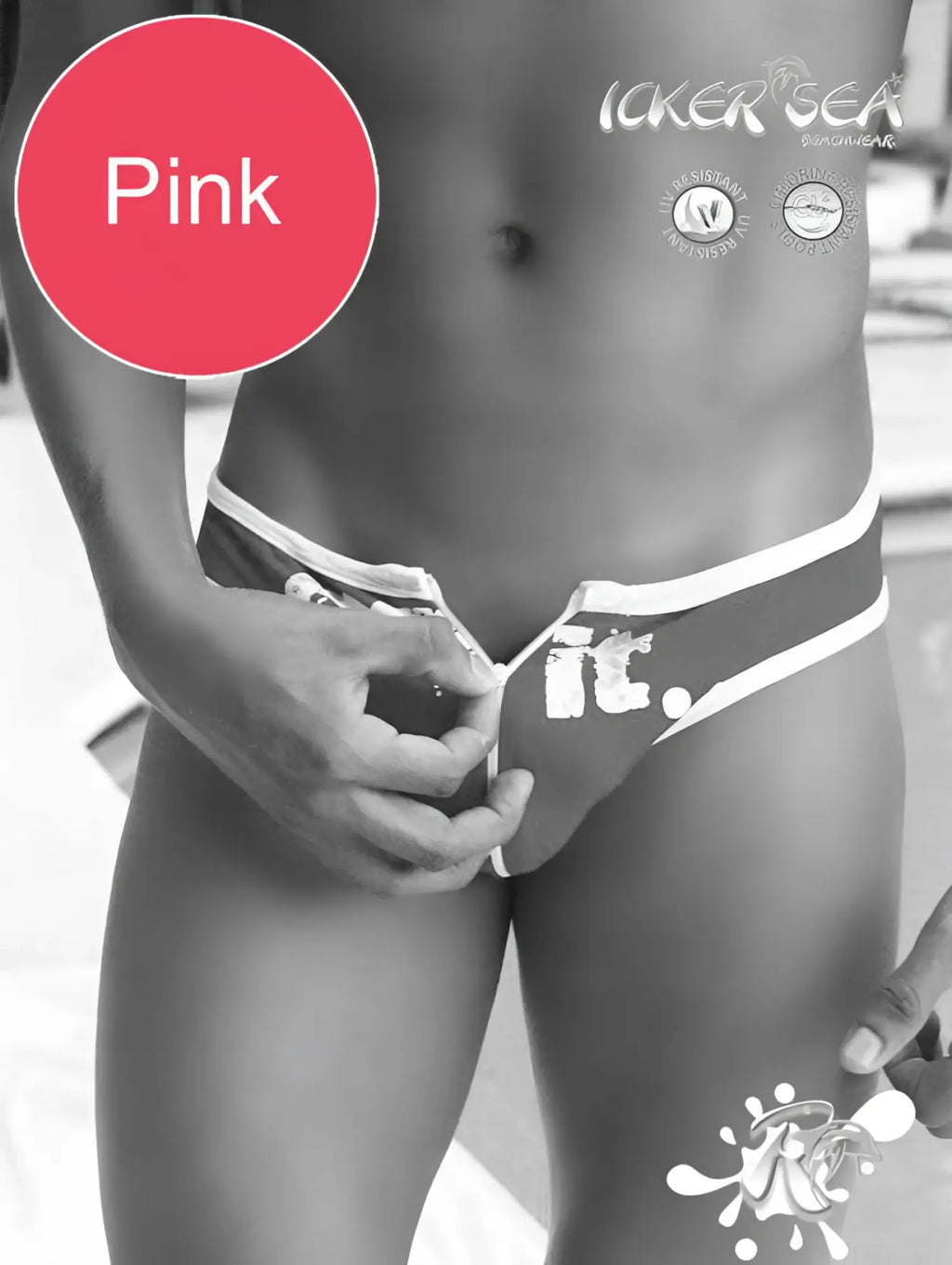 Pink icker sea zipper front act slip bikini swimwear with white trim and bold it graphic swim trunks