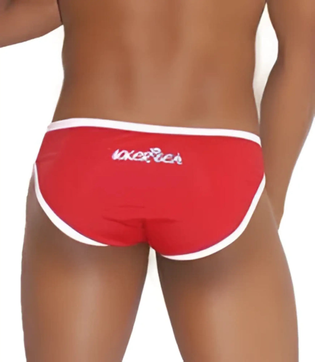 Red men’s swim trunks with white trim and a subtle logo on the waistband from icker sea zipper front act slip bikini swimwear