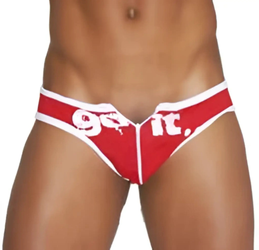 Red and white go it branded briefs with bold graphic design from icker sea zipper front act slip bikini swimwear red cob-13-19