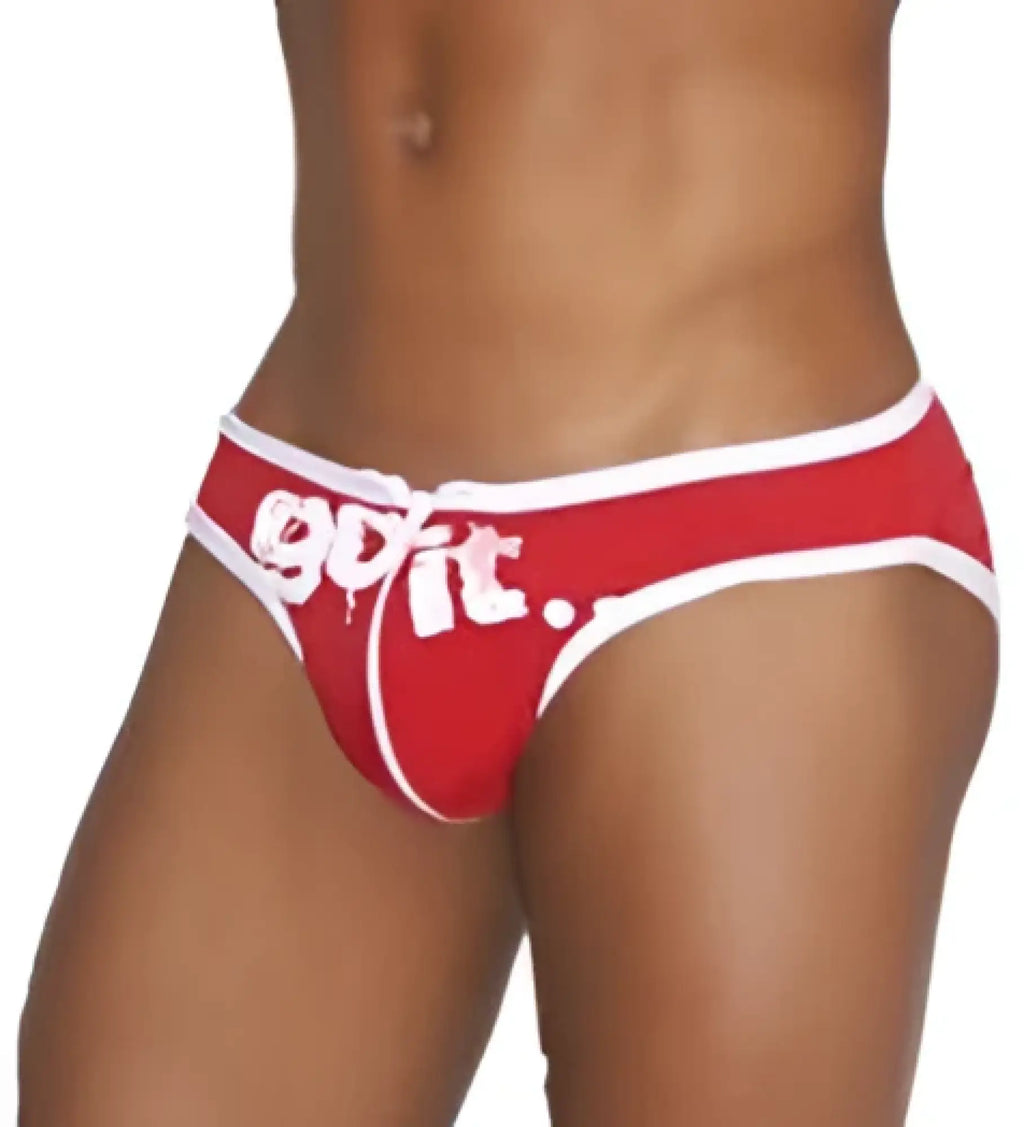 Icker Sea zipper front ACT slip bikini swimwear in red with bold red and white quit swim trunks graphic design