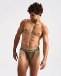 Olive green teammb brand icon sports brief with white lettered waistband and thong design