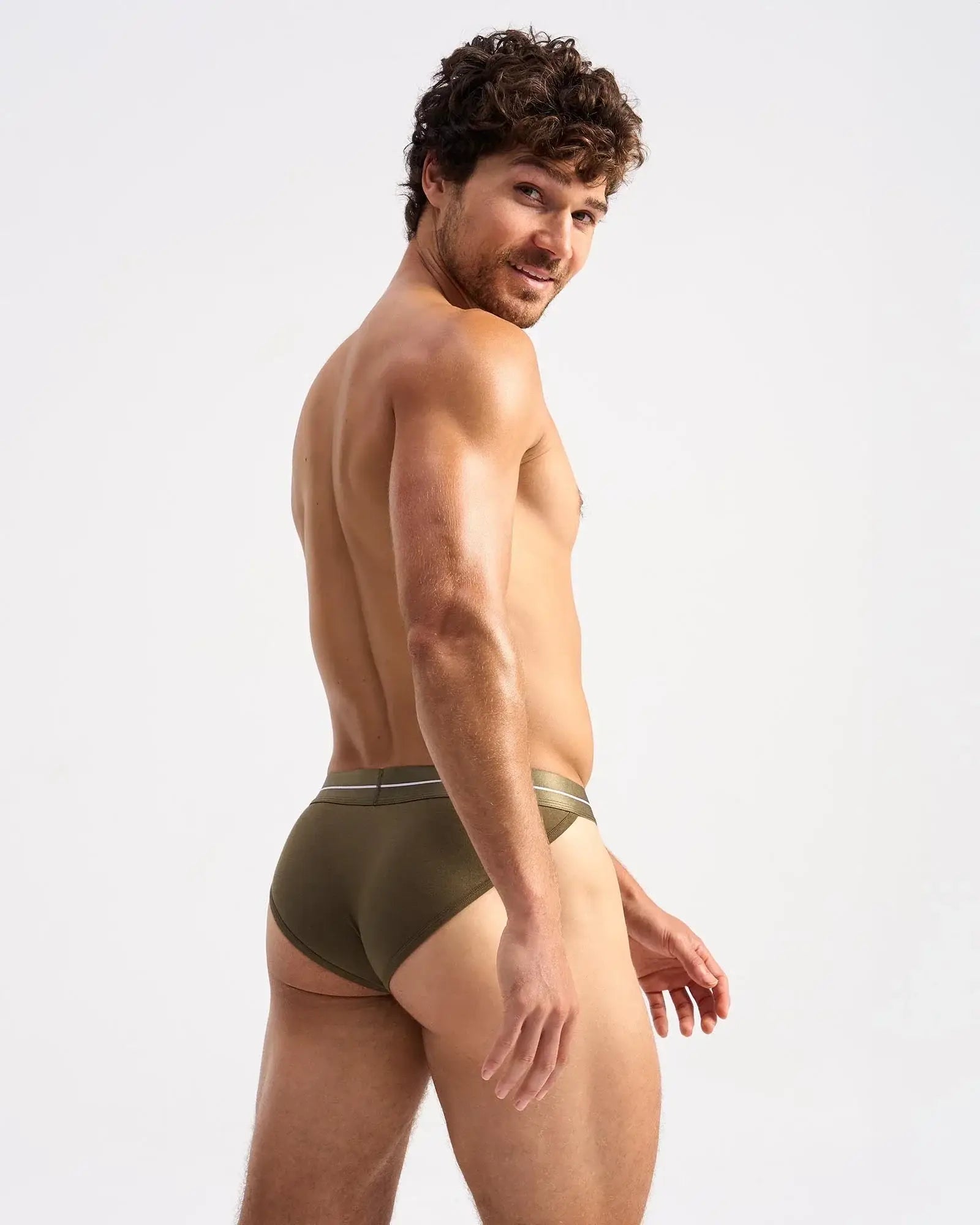 Olive green icon sports brief with subtle white stripe on waistband designed for active wear