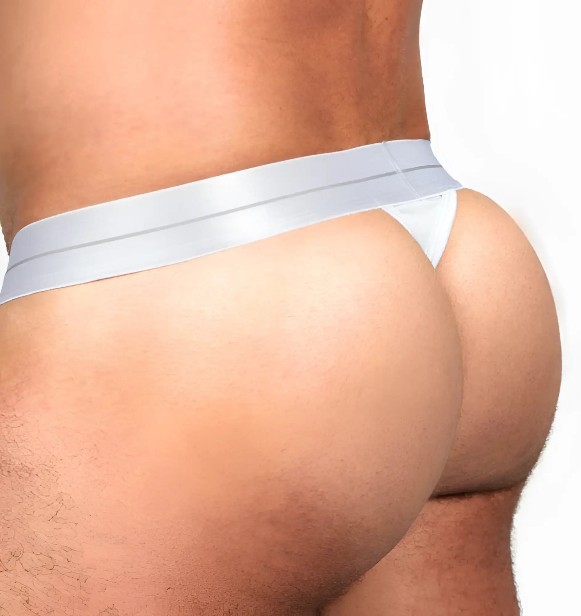 Silver satin waistband thong with subtle striped pattern from the icon thong collection shown from the back side