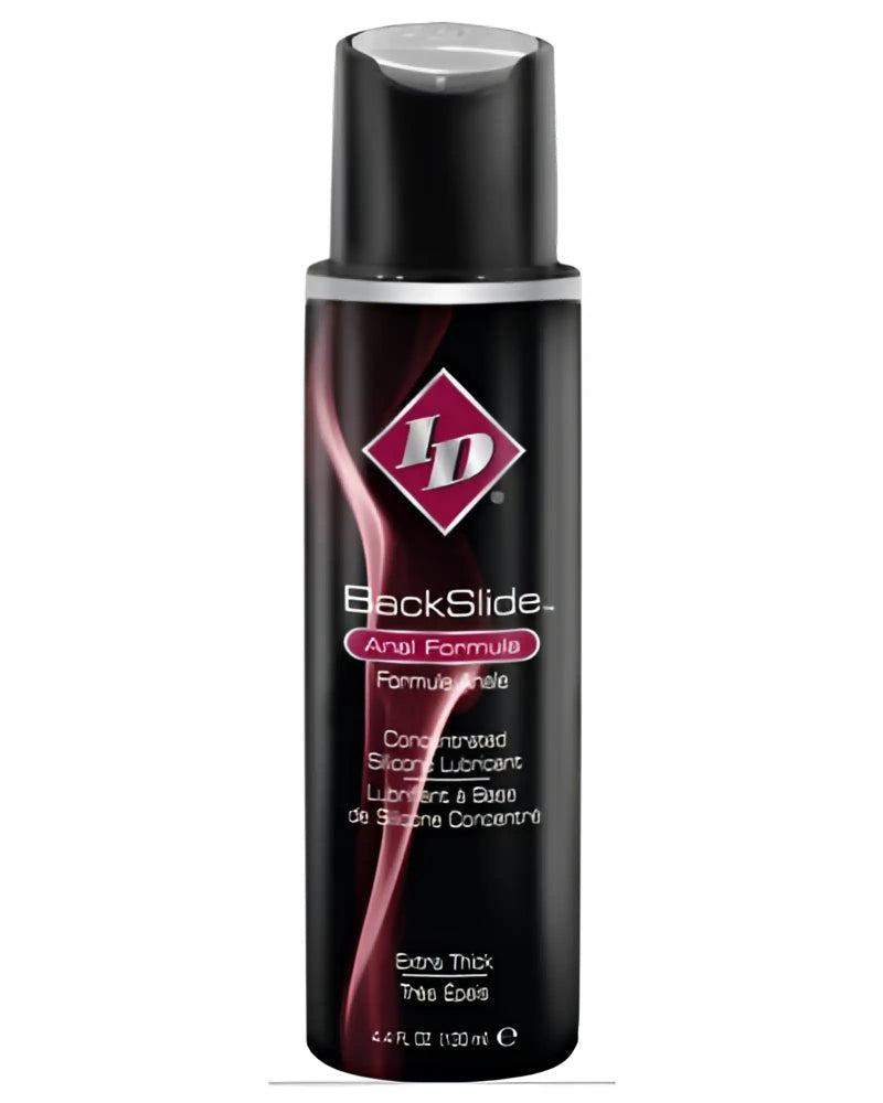 Black cylindrical bottle of ID Backslide anus formula silicone lubricant with silver cap and red diamond logo