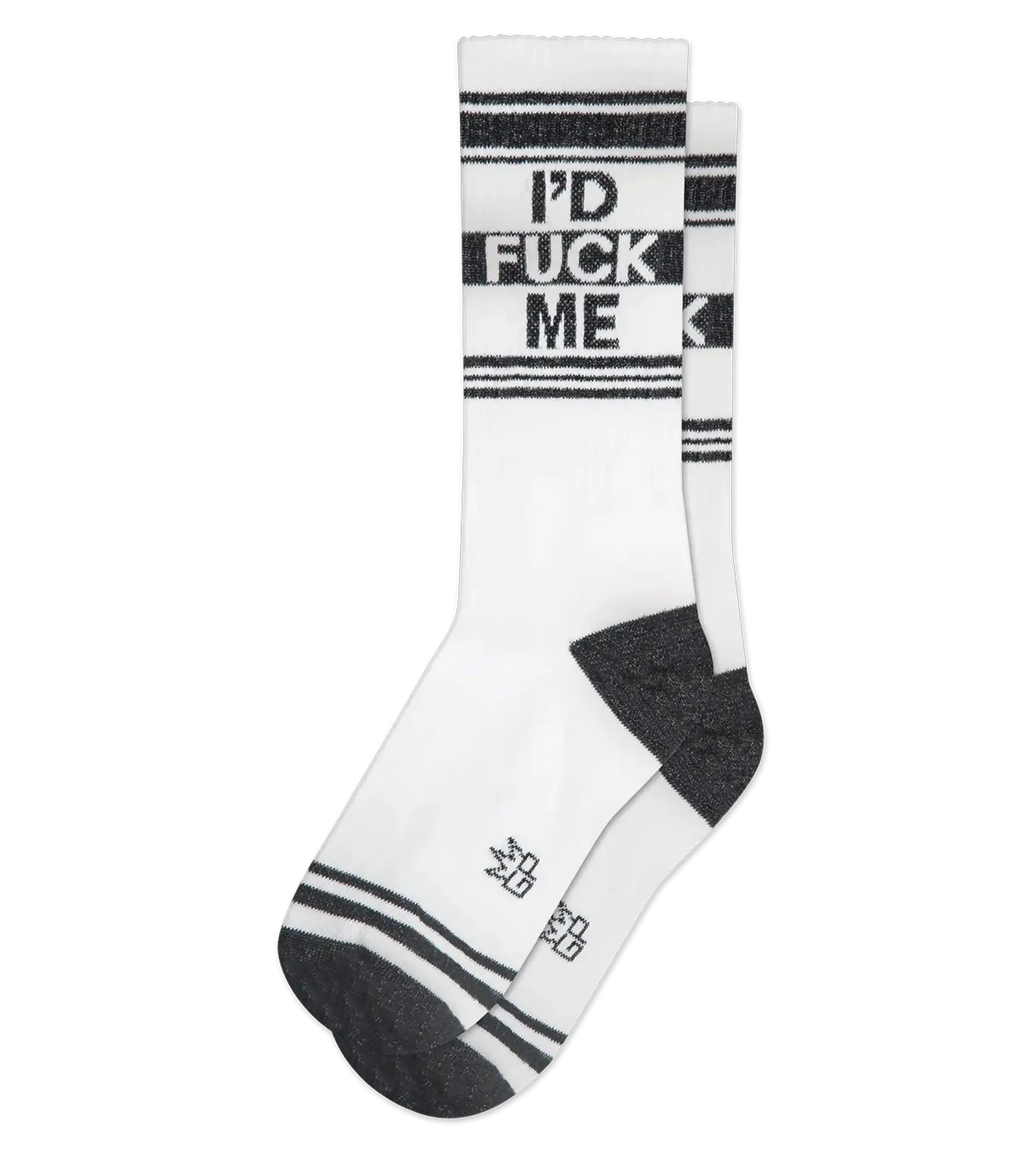 White crew athletic socks with black stripes and bold id fuck me text on calf dark gray toe and heel