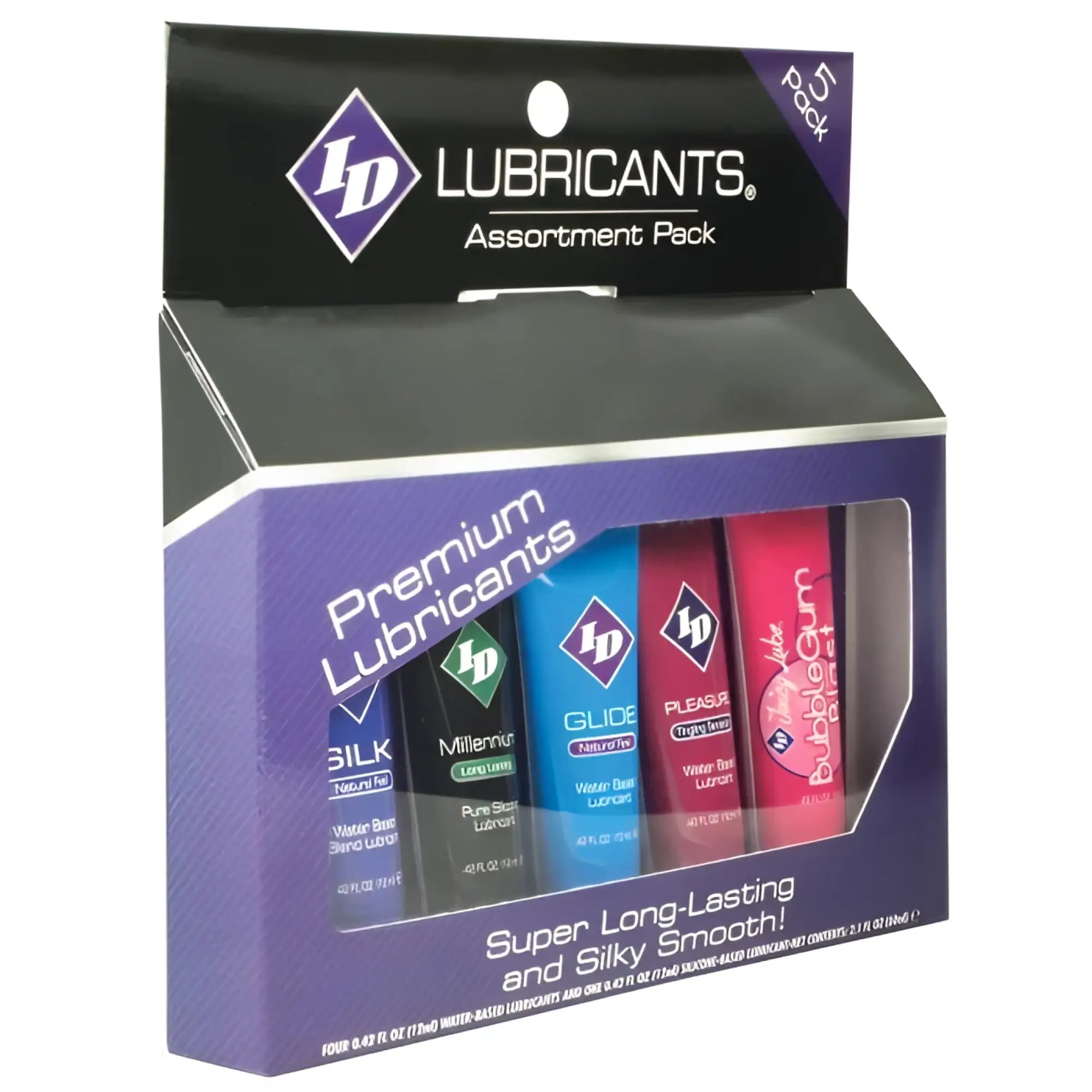 ID Lubricants 5-pack assortment box featuring five colorful 0.42 oz tubes of assorted premium personal lubricants.