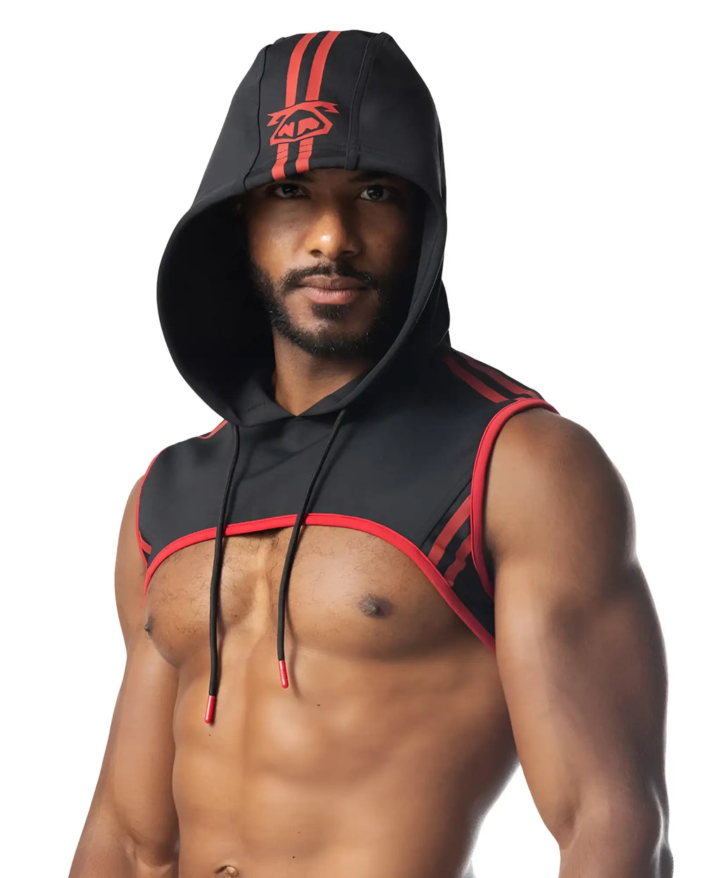 Ignite cropped hoodie in black and red sleeveless design with bold hood stripes and matching red embroidered logo