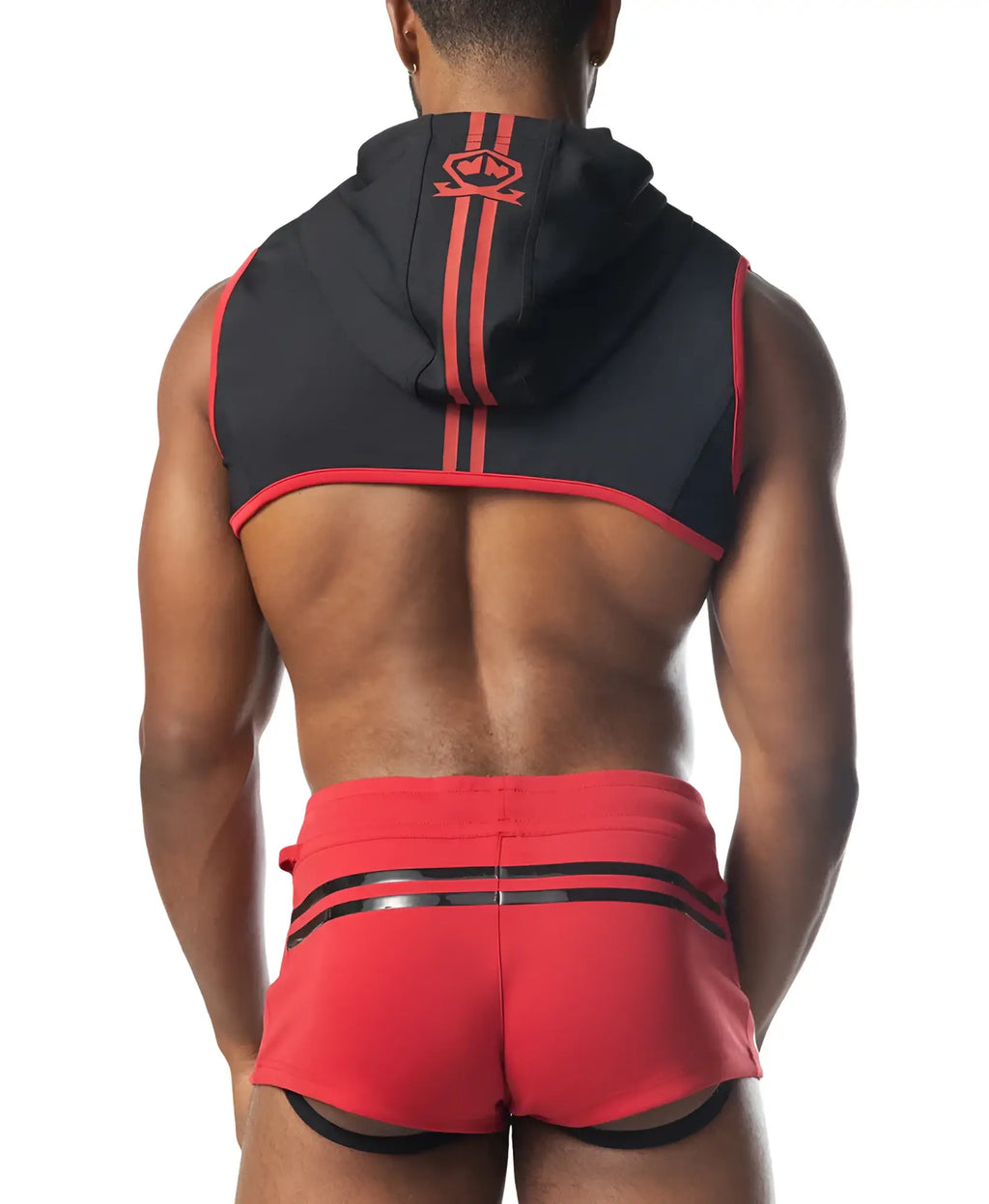 Back side of ignite cropped hoodie sleeveless black and red with orange stripes and embroidered logo at neckline