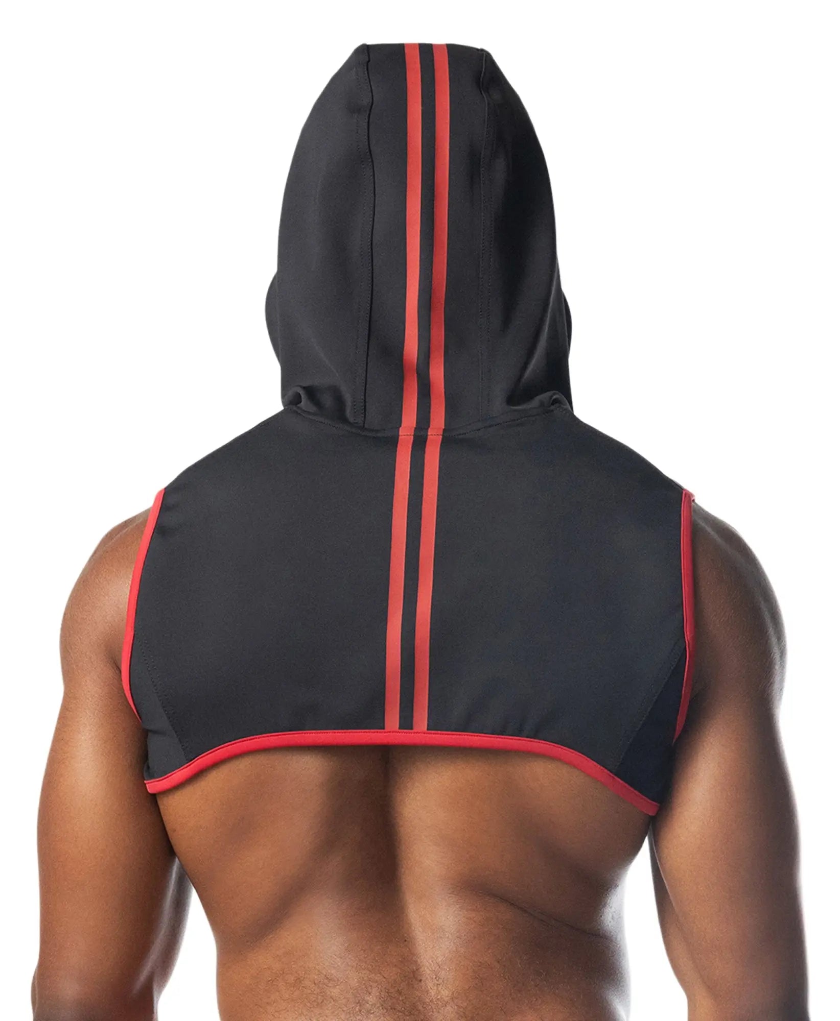 Back side of ignite cropped hoodie black sleeveless hoodie with red stripes down the back and armholes