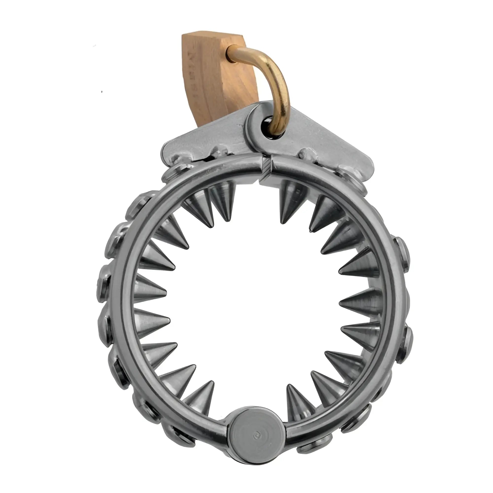 Silver metal impaler locking cbt ring with sharp spikes and a wooden padlock attached on top