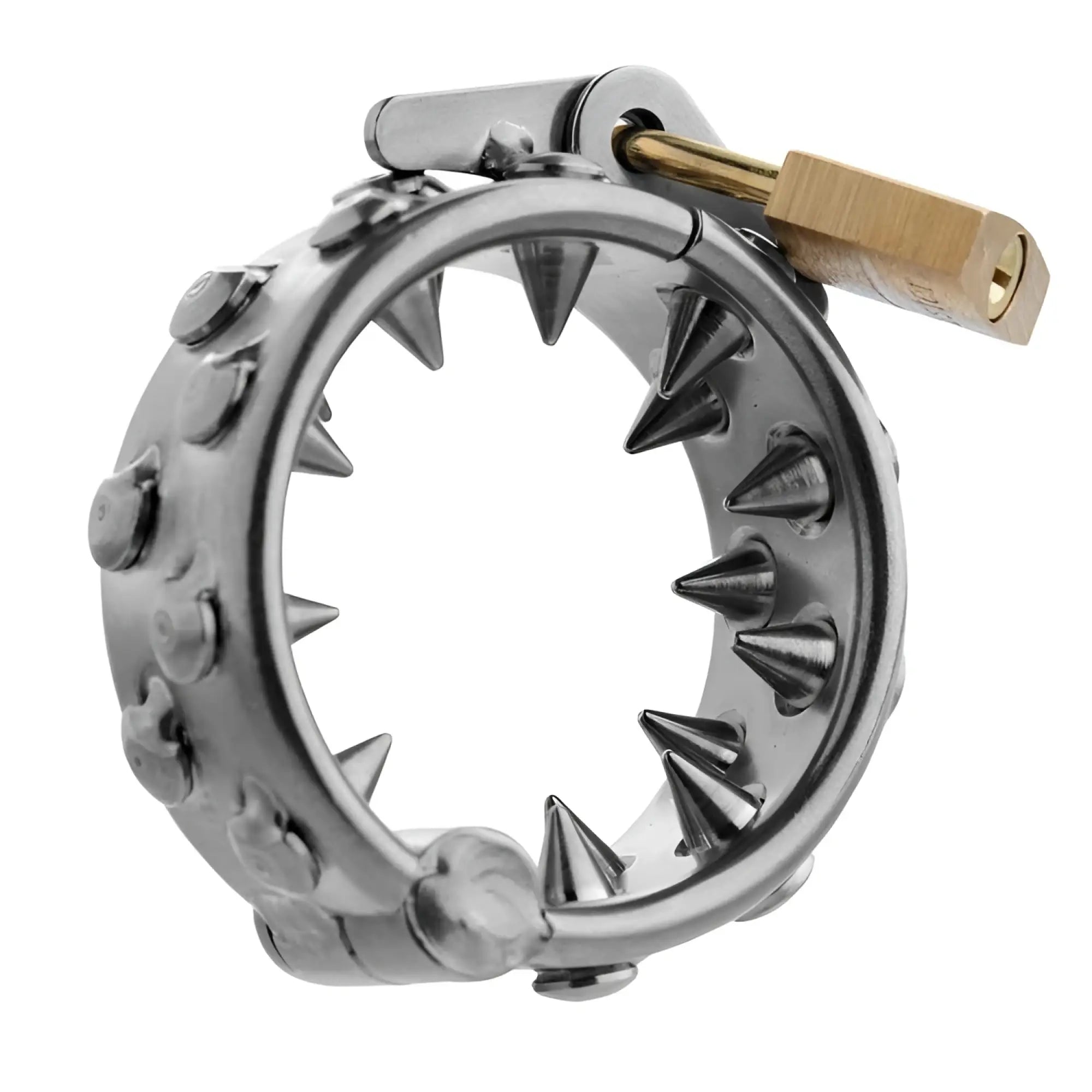 Impaler locking cbt ring with silver metallic spikes and attached brass padlock for secure use