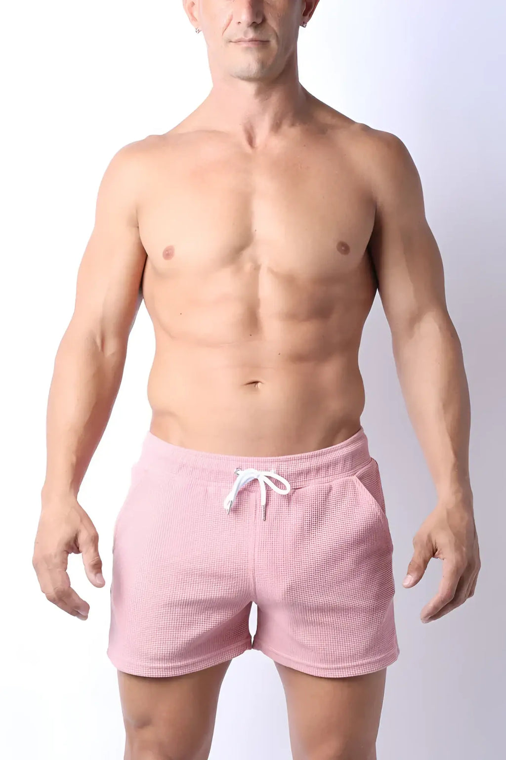 Indio knit short pink waffle knit shorts with white drawstring for comfortable casual wear
