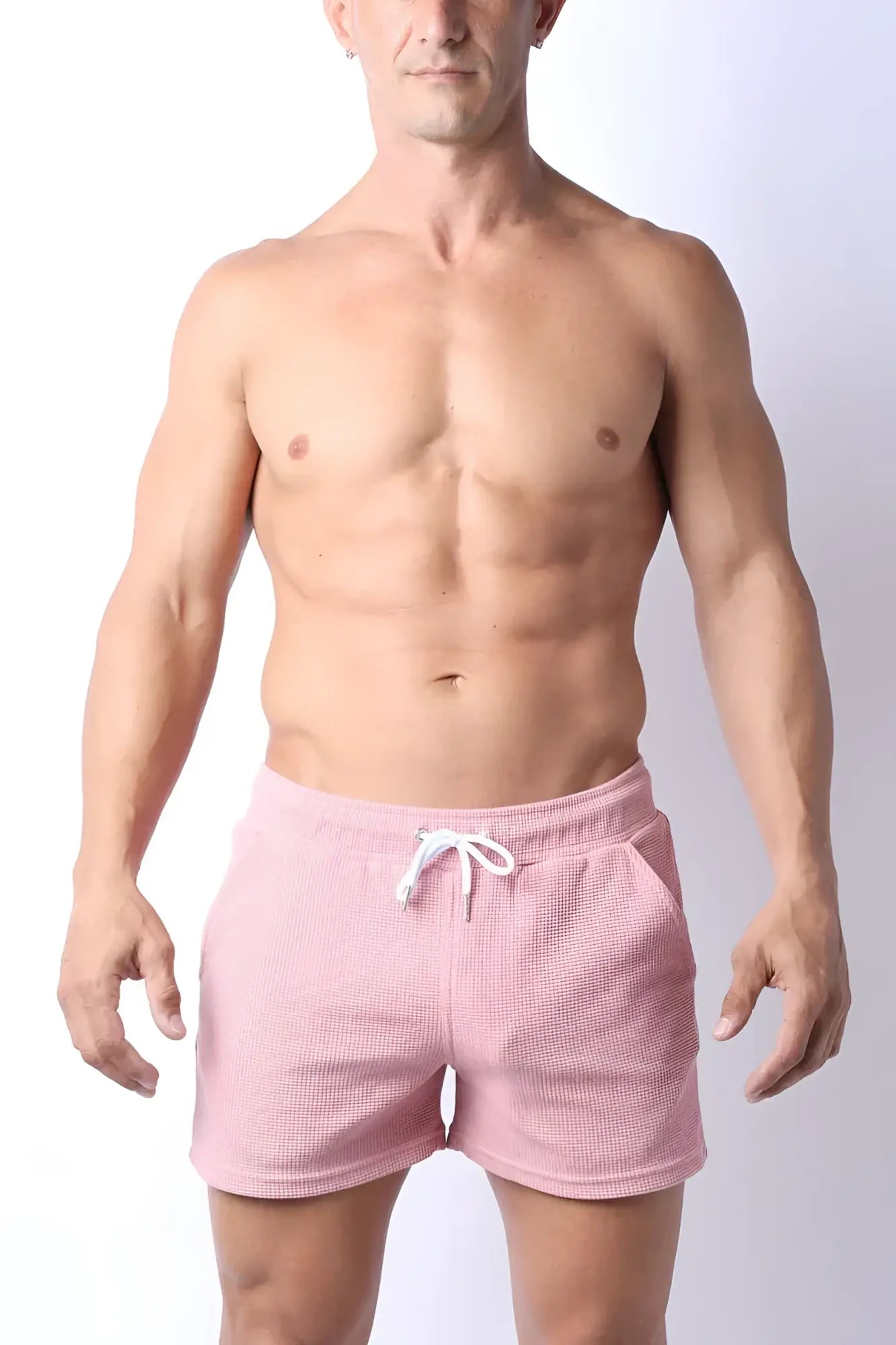 Indio knit short pink waffle knit shorts with white drawstring for comfortable casual wear