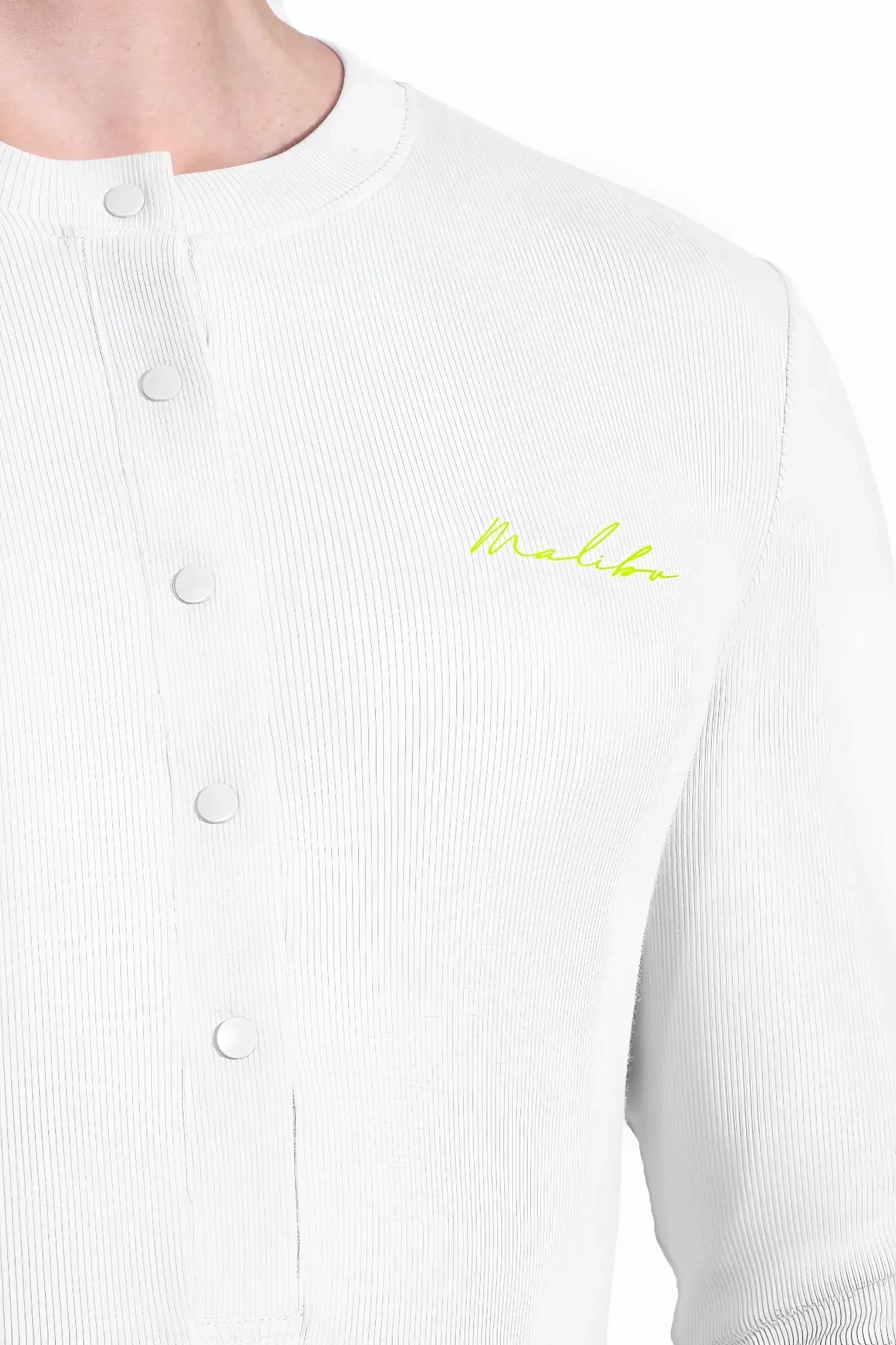 White ribbed long sleeve henley bodysuit with neon green malibu embroidery in infinity style