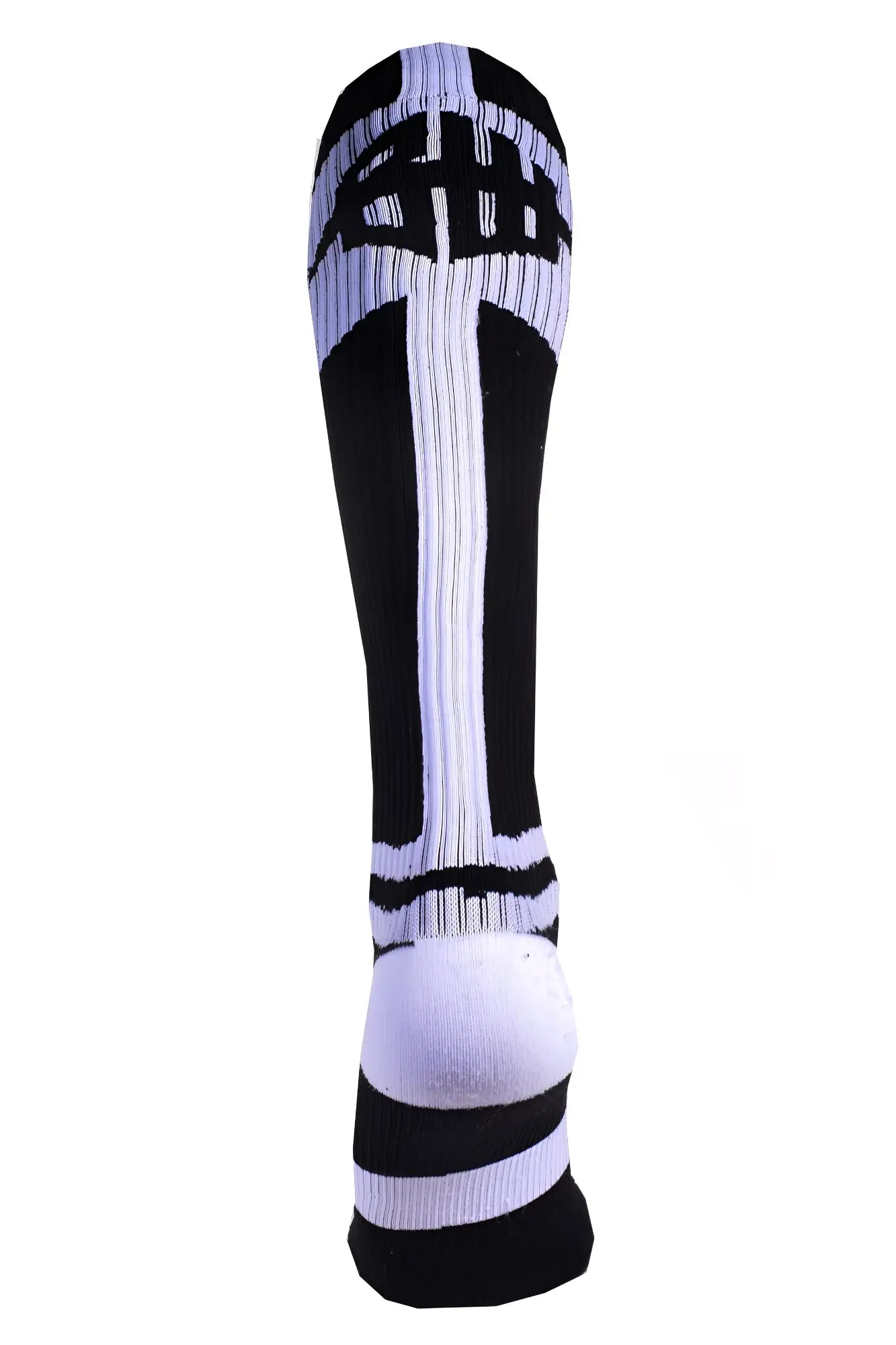 Black and white athletic infinity socks with bold stylized logo at the top, designed for performance and comfort
