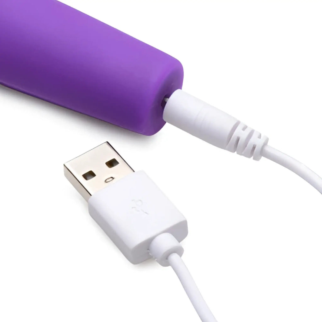 Inmi 10X En Pointe purple silicone teaser shown charging with its white USB magnetic cable against a white background.