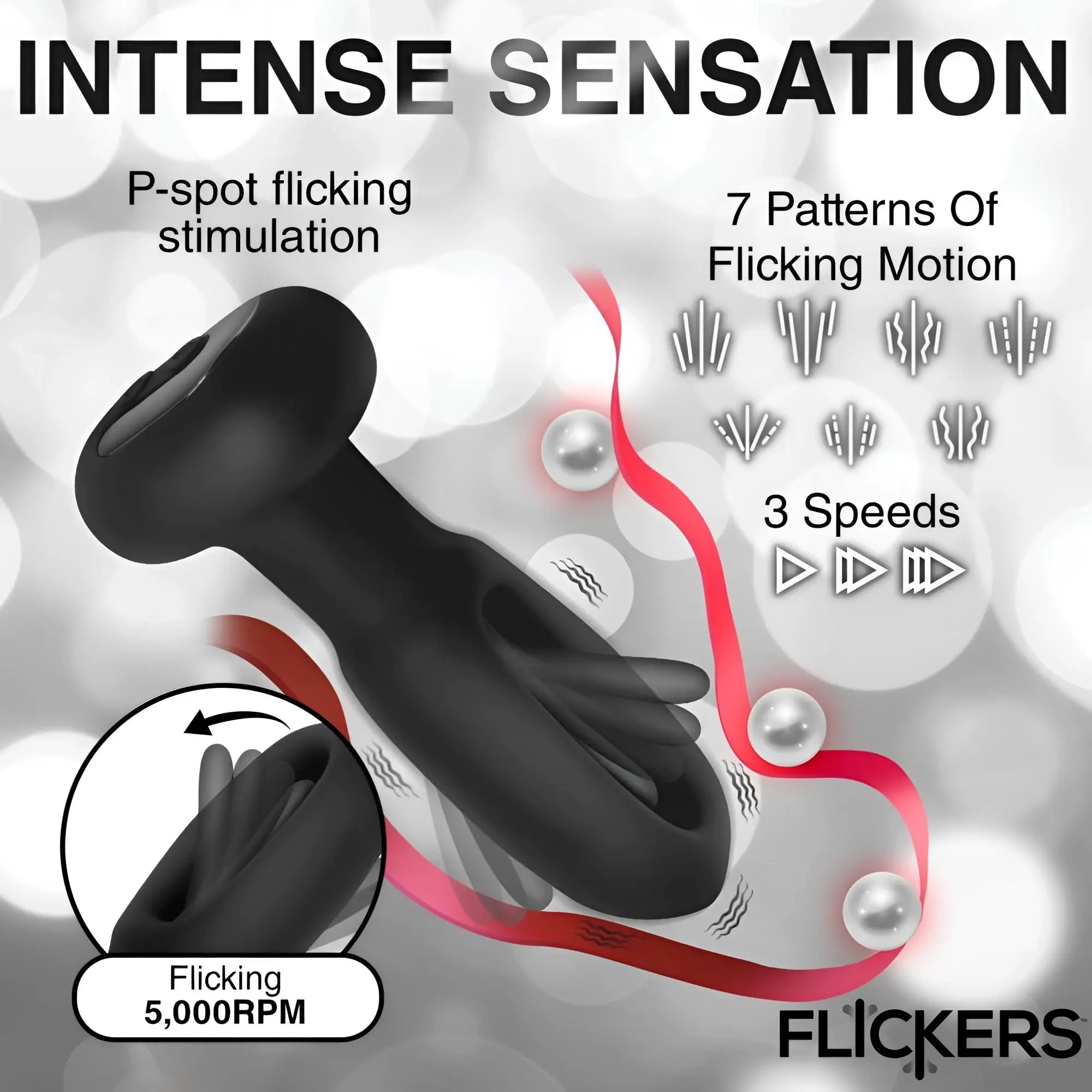 Inmi Bum Flick black silicone butt plug with P-spot flicking feature, 7 patterns, and 3 speeds on a bokeh background.