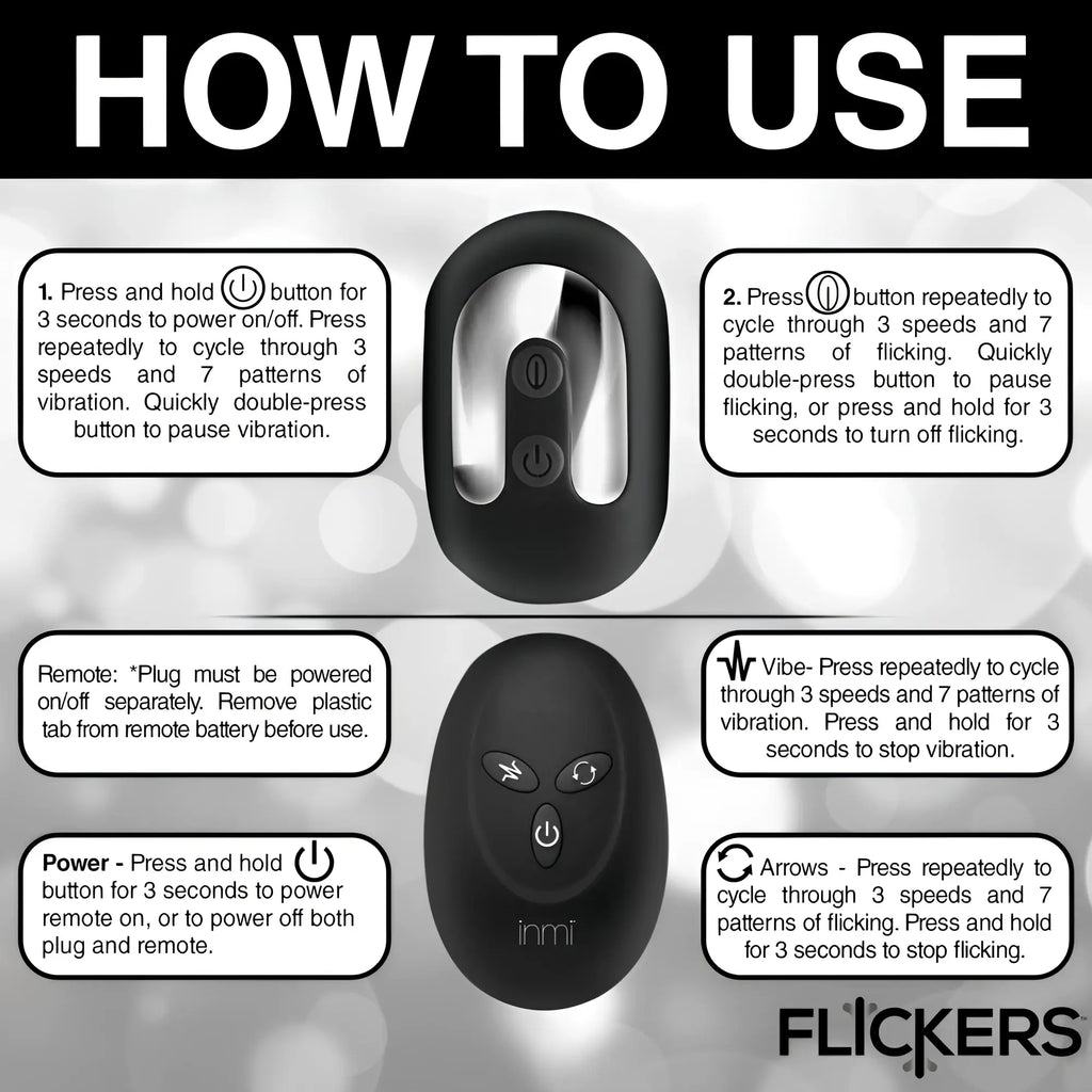 Instructional graphic for the Inmi Bum Flick, showing the black silicone plug, remote, and usage steps.