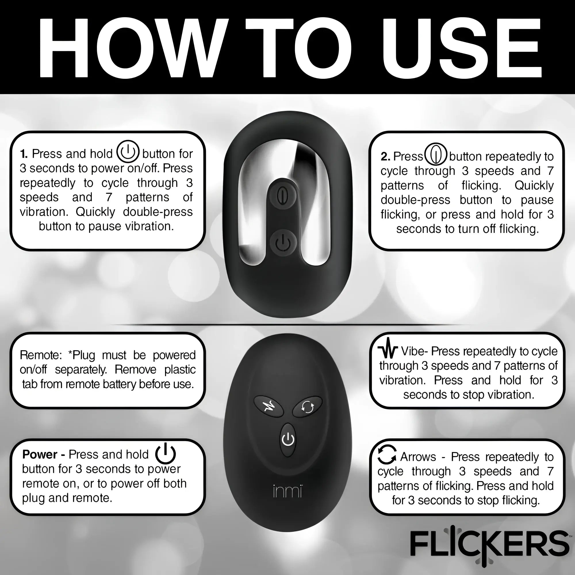 Instructional graphic for the Inmi Bum Flick, showing the black silicone plug, remote, and usage steps.