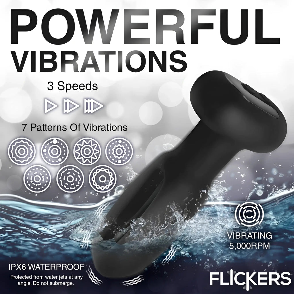 Black Inmi Bum Flick silicone butt plug with flicking feature, displayed over splashing water with vibration icons.