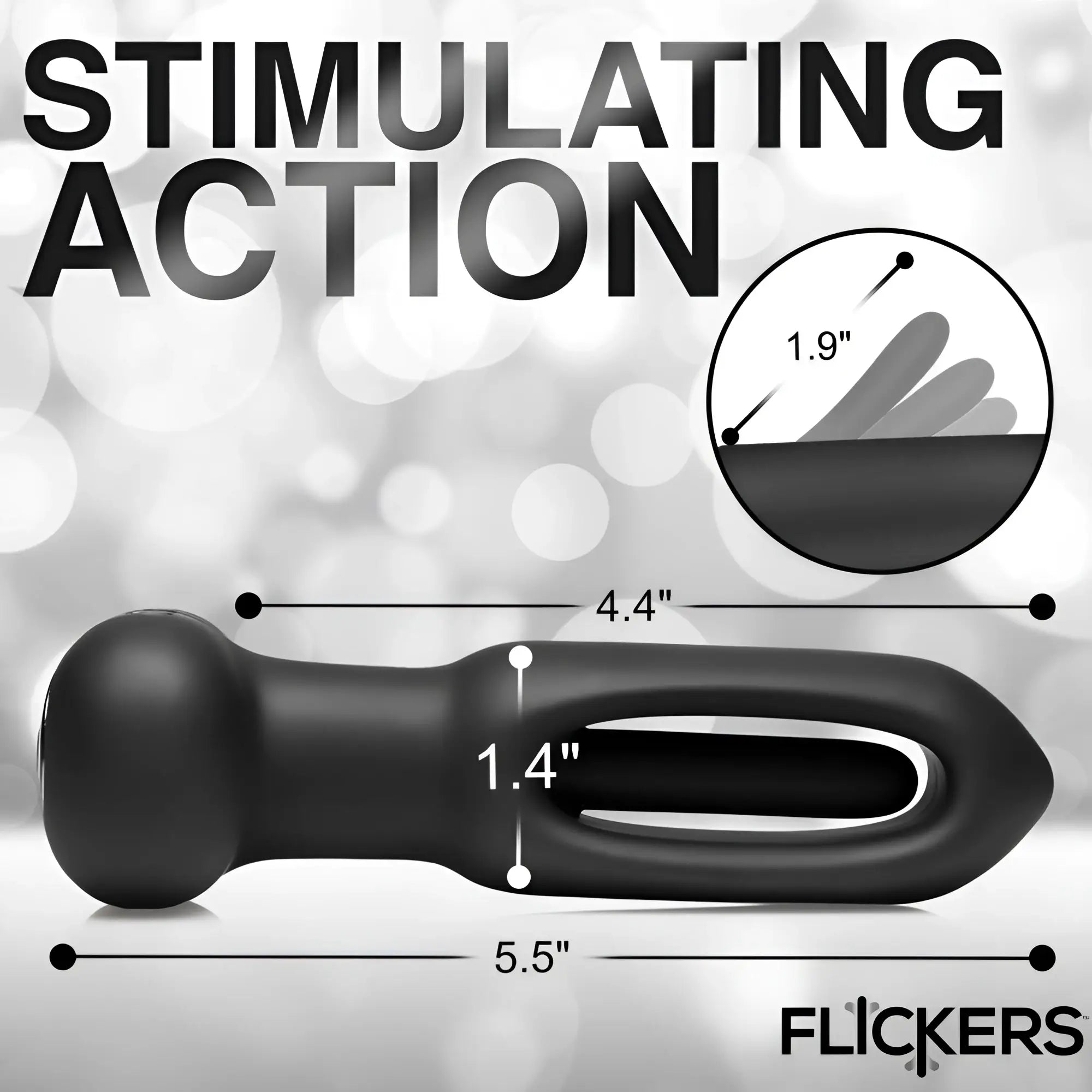 Inmi Bum Flick black silicone vibrating butt plug with dimensions shown and a circular inset displaying flicking action.