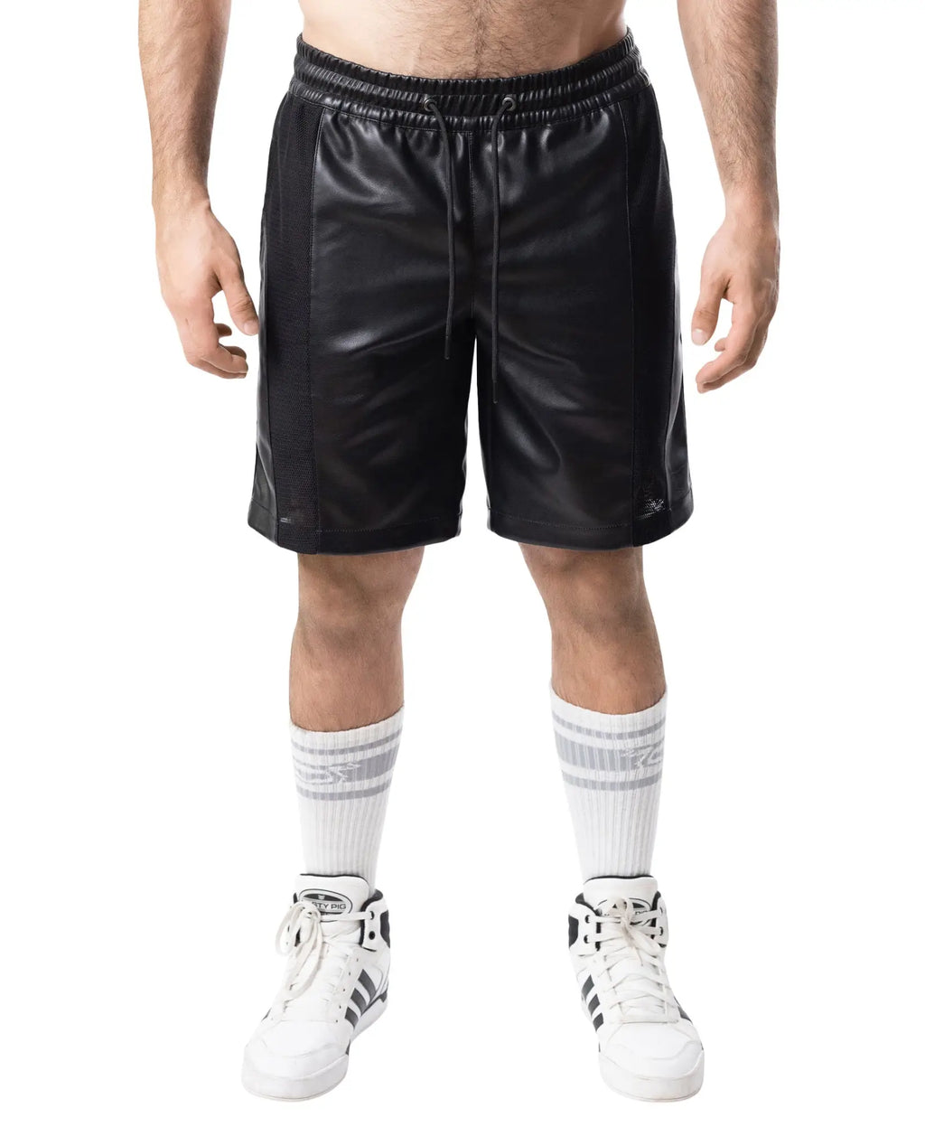 Intake Classic short black faux leather shorts with drawstring waistband and side seam stitching