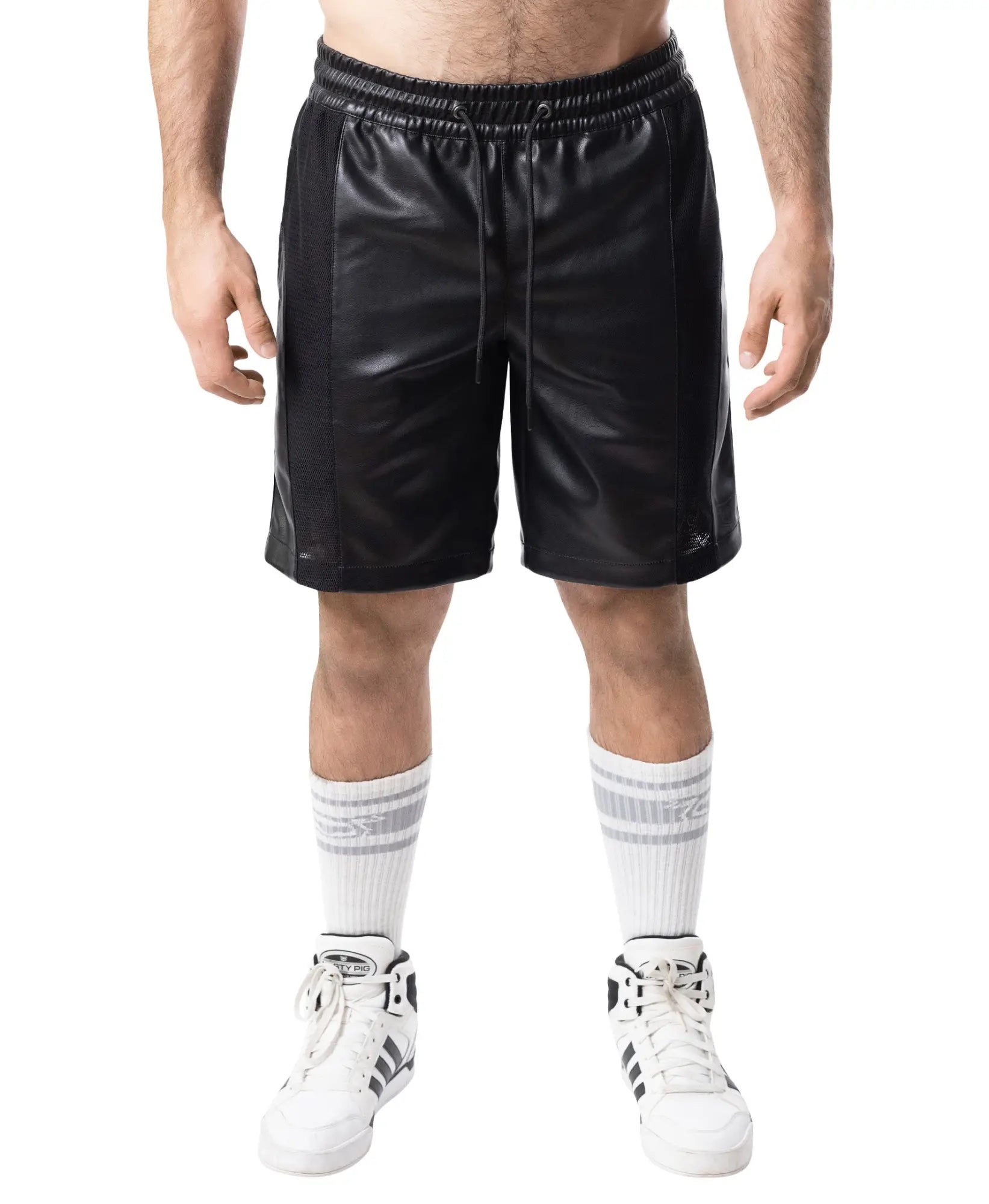 Intake Classic short black faux leather shorts with drawstring waistband and side seam stitching