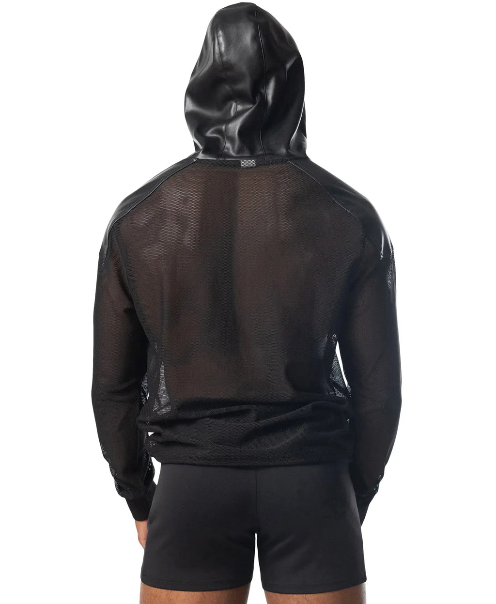 Black mesh intake hooded long sleeve hoodie with glossy black hood and solid black sleeves front view