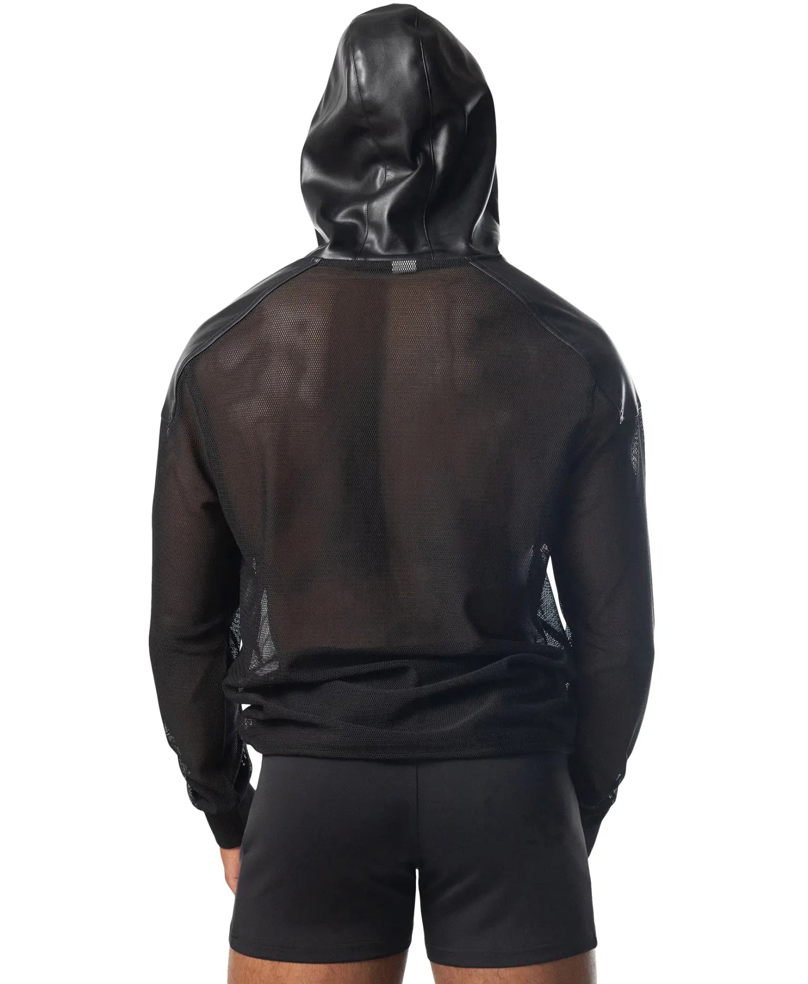 Black mesh intake hooded long sleeve hoodie with glossy black hood and solid black sleeves front view