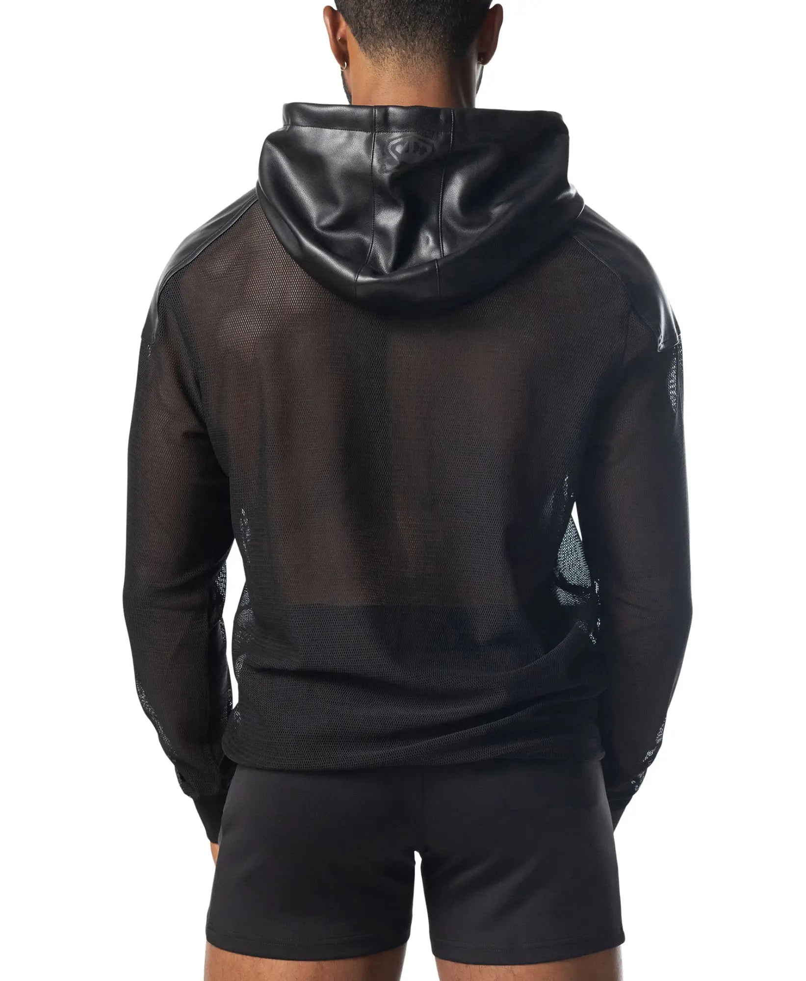 Intake hooded long sleeve black mesh hoodie with shiny faux leather hood for stylish casual wear