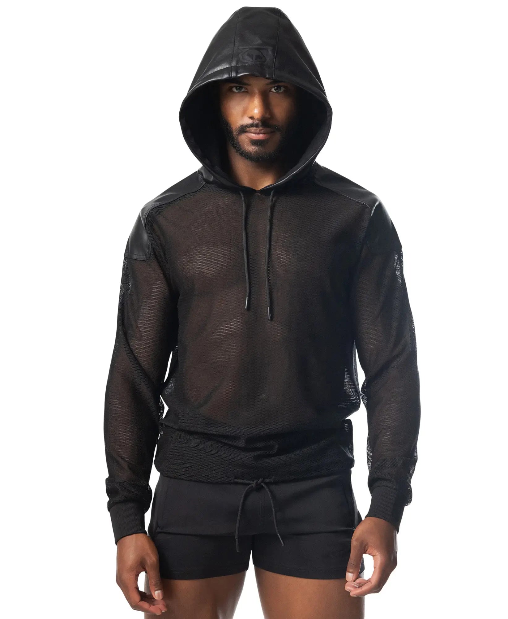 Intake hooded long sleeve black mesh hoodie with solid black fabric accents on shoulders and cuffs
