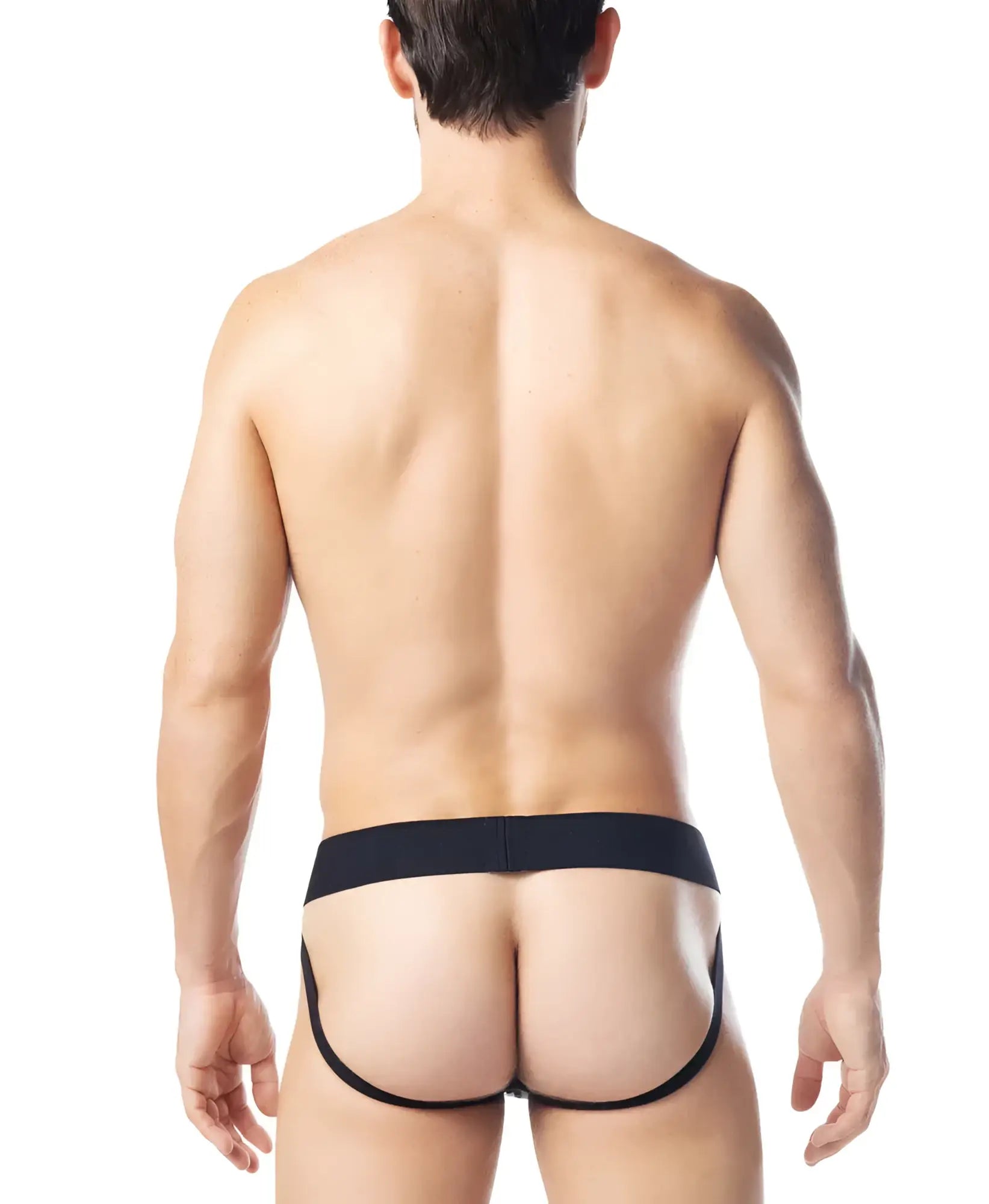Intake jockstrap black form-fitting men’s briefs with sleek minimalist design showing front side