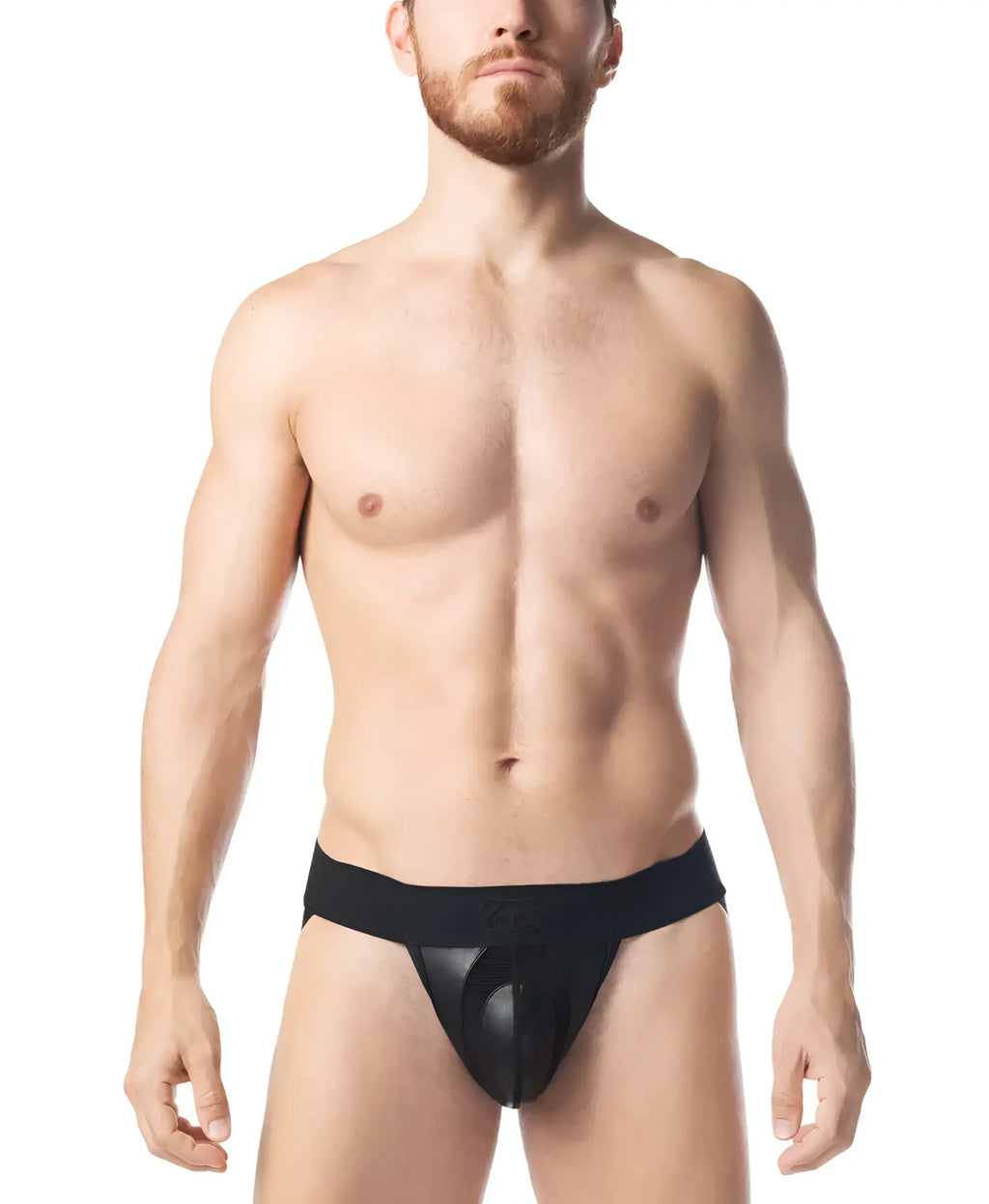 Intake jockstrap black mesh briefs with solid black waistband front view